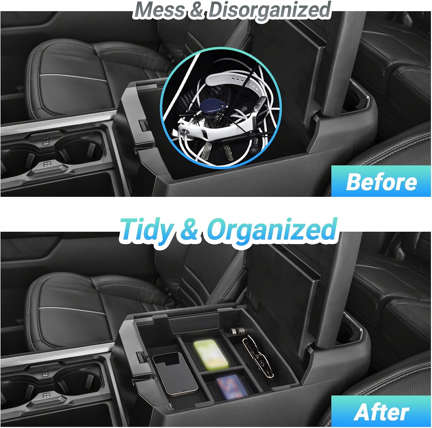 Center Console Organizer Compatible with 2023 2024 2025 2026 Ford F250 F350 F450 F550 Super Duty Accessories, Center Console Tray with Internal Divider (Only fit Full Consoles & Bucket Seats)
