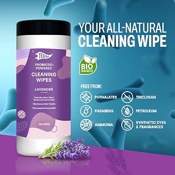 TEEM Probiotic Cleaning Wipes with Lavender Essential Oil, Microcleans Surfaces for up to 7 Days, Home Compostable & Biodegradable, Multi Surface Wipes by SCD Probiotics, 30 Count (Pack of 6)