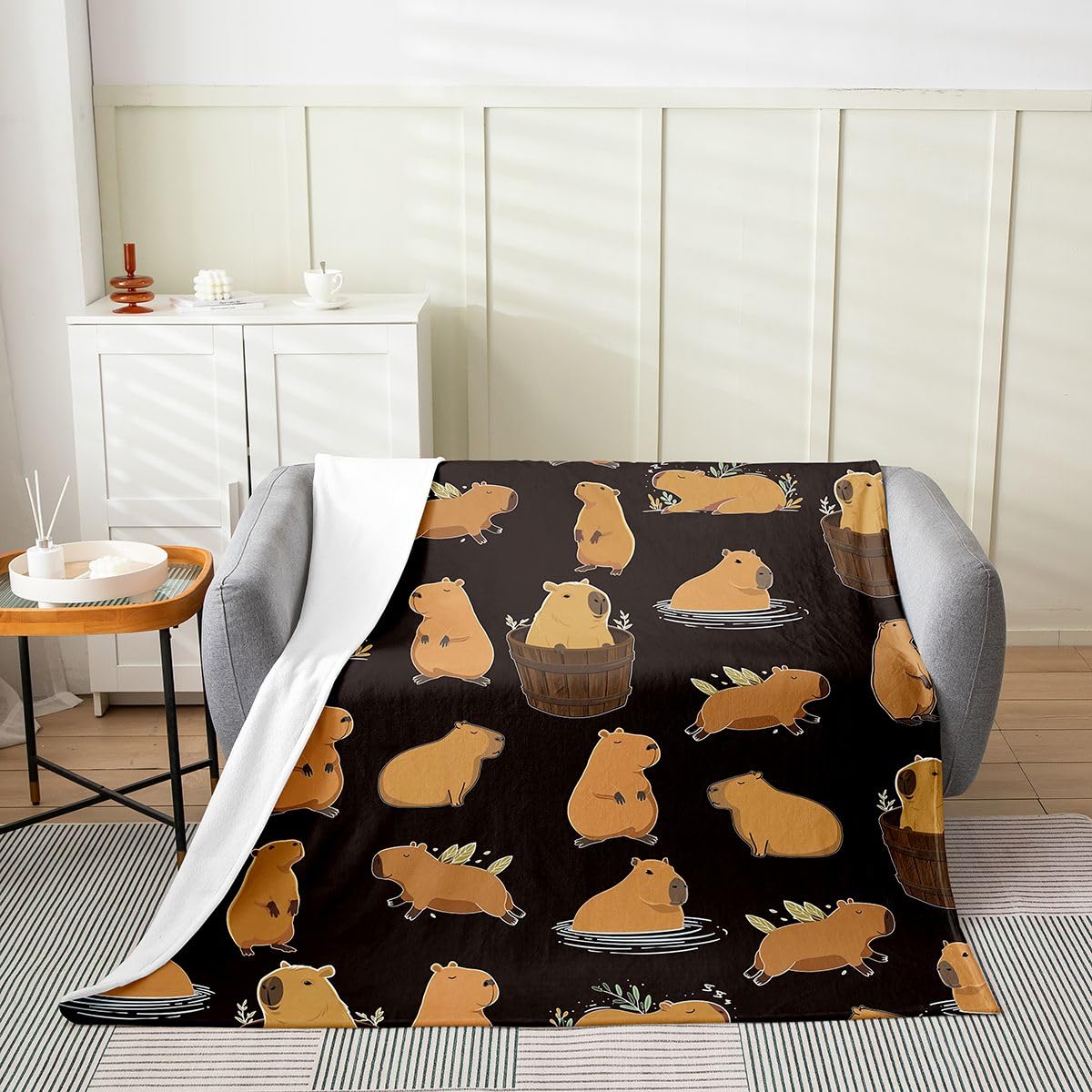 Capybara Flanell-Fleece-Überwurfdecke für Sofa, Couch, Mädchen, Jungen, Kinder, Königin, 228,6 x 228,6 cm, Tierliebhaber, Ganzjahres-Bettdecke, Raumdekoration, Capybara, flauschige Decke, Kawaii,