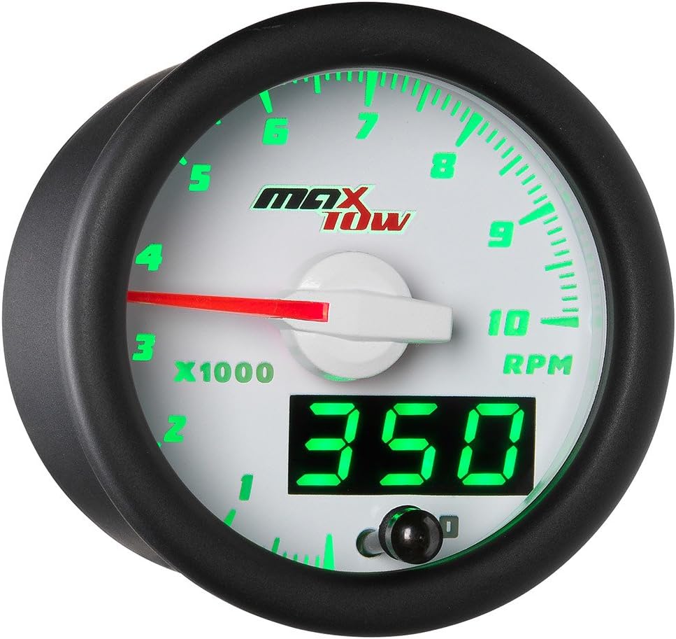 MaxTow Double Vision 10,000 RPM Tachometer Gauge - for 1-10 Cylinder Gas Powered Engines - White Gauge Face - Green LED Illuminated Dial - Analog & Digital Readouts - 2-1/16" 52mm