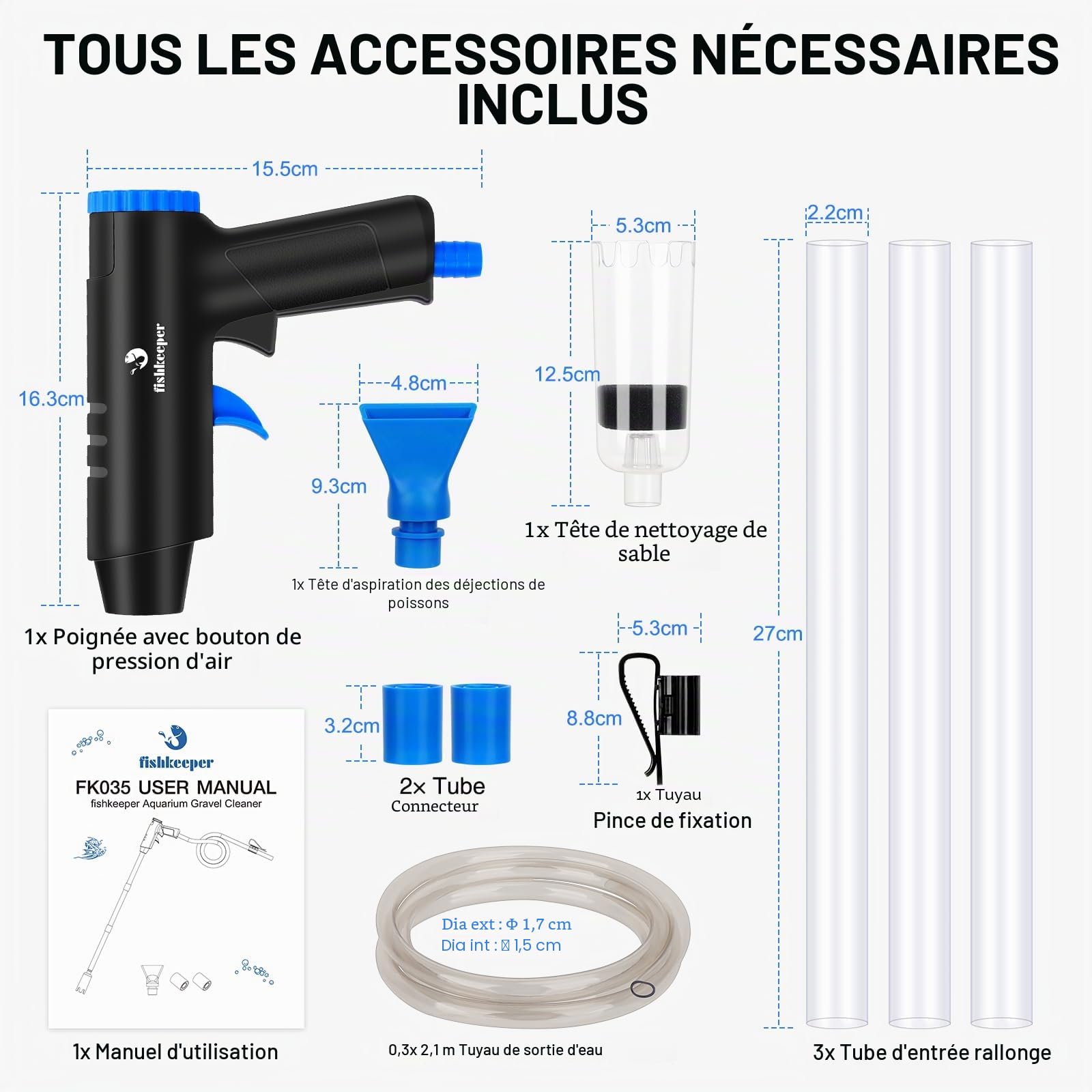 Fishkeeper Aspirateur pour Aquarium, 4 en 1 Aspirateur d'aquarium Puissant Ensemble de Nettoyage d'aquarium Réglable, Nettoyeur de Fond Démontable Anti-obstruction pour Changement d'eau, Nettoyage du