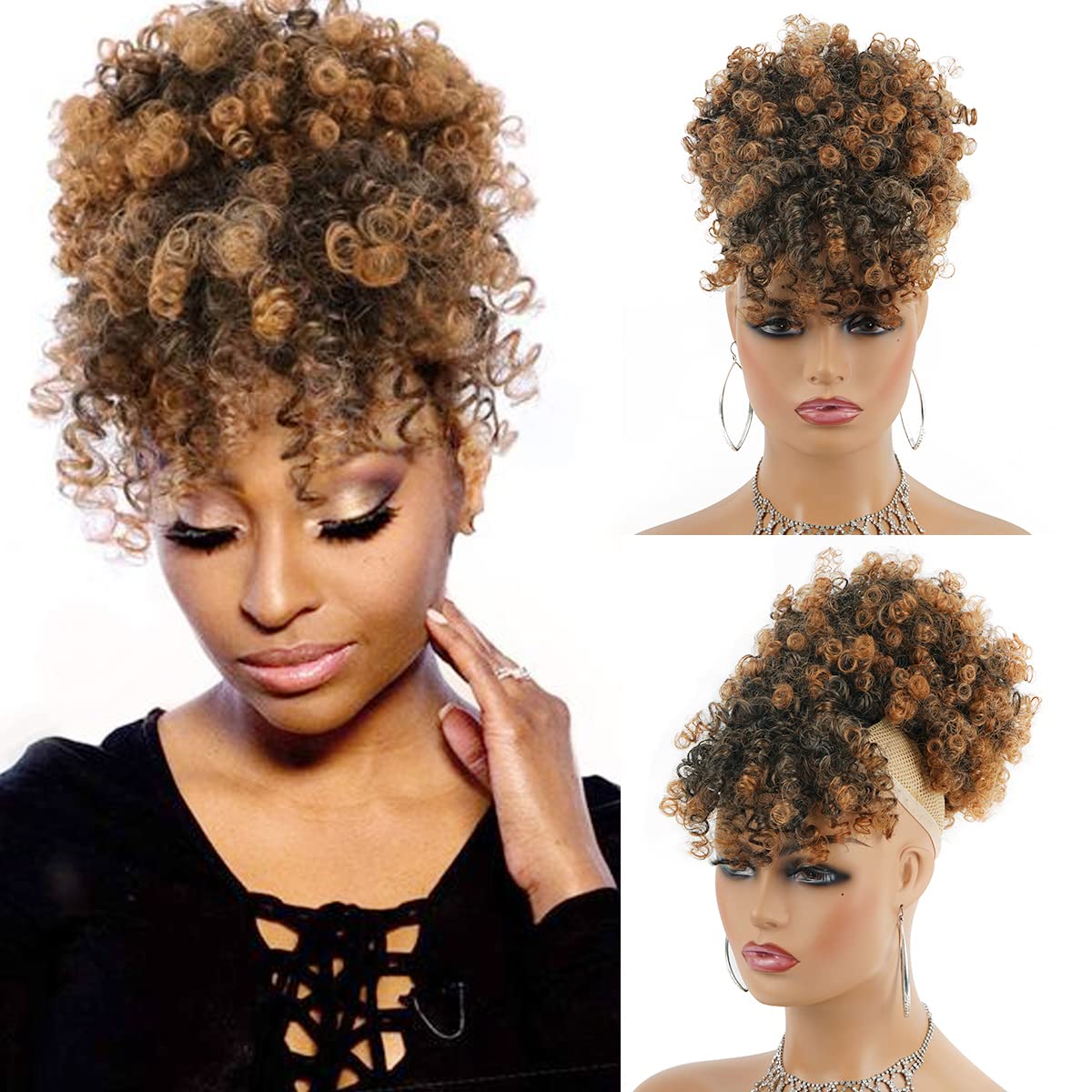Cetiq Afro Puff Drawstring Ponytail with Kinky Curly Hair Clip in Bangs Short Ponytail Hair Extensions Updo Hairpieces for Women (T30)