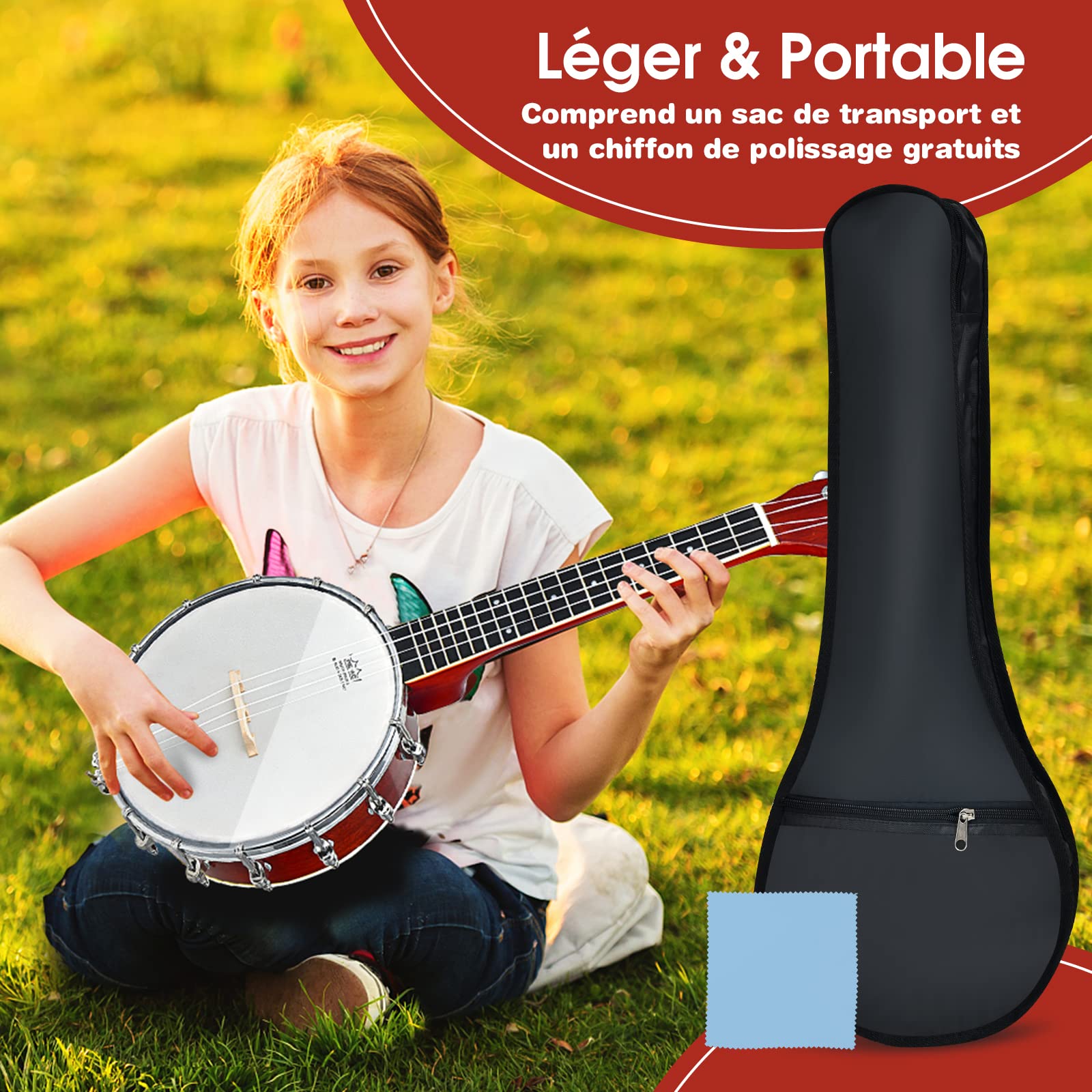 COSTWAY Banjo 4 Cordes avec Tambour Remo et 12 Supports en Acier, Mini Banjo Portable avec Pont en Erable, Accordeur 18:1, Sac de Transport, 62cm pour Débutants et Enfants