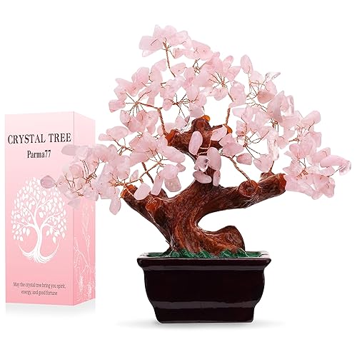 Parma77 Feng Shui Natural Rose Pink Quartz Crystal Money Tree, Healing Crystal Trees Bonsai Style Decoration for Wealth and Luck for Home Decor, Gifts for Women