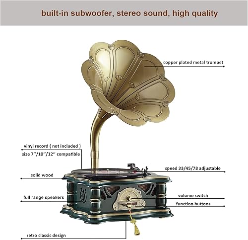 Miniatura 6 de Tocadiscos vintage de madera para gramófono, tocadiscos de fonógrafo retro, tocadiscos de 3 velocidades para disco de vinilo con audio Bluetooth,