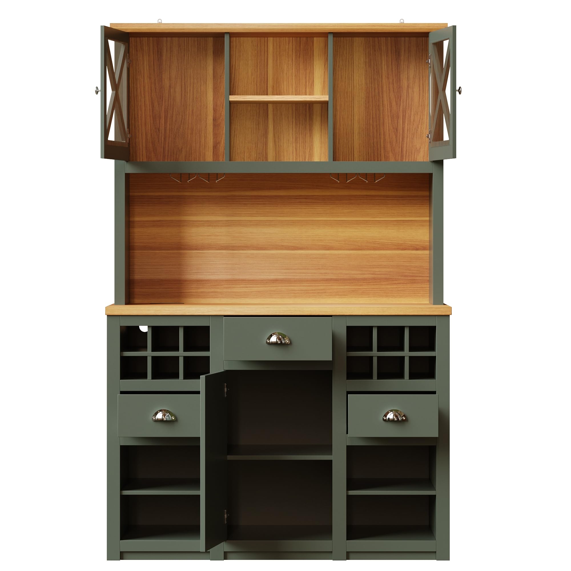 Hohe Küchenschränke (120 x 45 x 188 cm), Sideboards, mit Glastüren und LED-Beleuchtung, Beistellschrank mit Weinregal, Verstellbare Regalböden, Grün