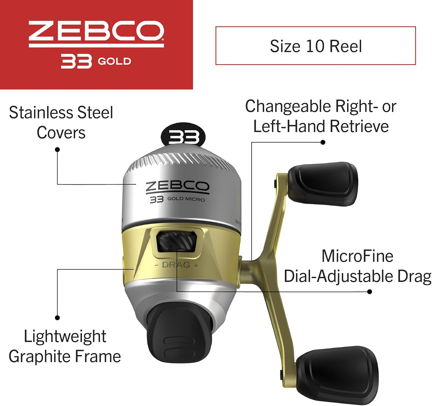 Zebco 33 Gold Spincast Fishing Reel, Changeable Right or Left-Hand Retrieve, All-Metal Gears, Pre-Spooled with Zebco Cajun Fishing Line, Silver/Gold
