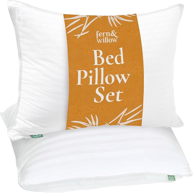 Fern and Willow Premium Queen Size Bed Pillows - Set of 2, 28"x20" - Luxurious Ultra-Soft Cooling Pillow - Hotel Quality, Down Alternative Fill, Medium Firm Support for Side, Back & Stomach Sleepers
