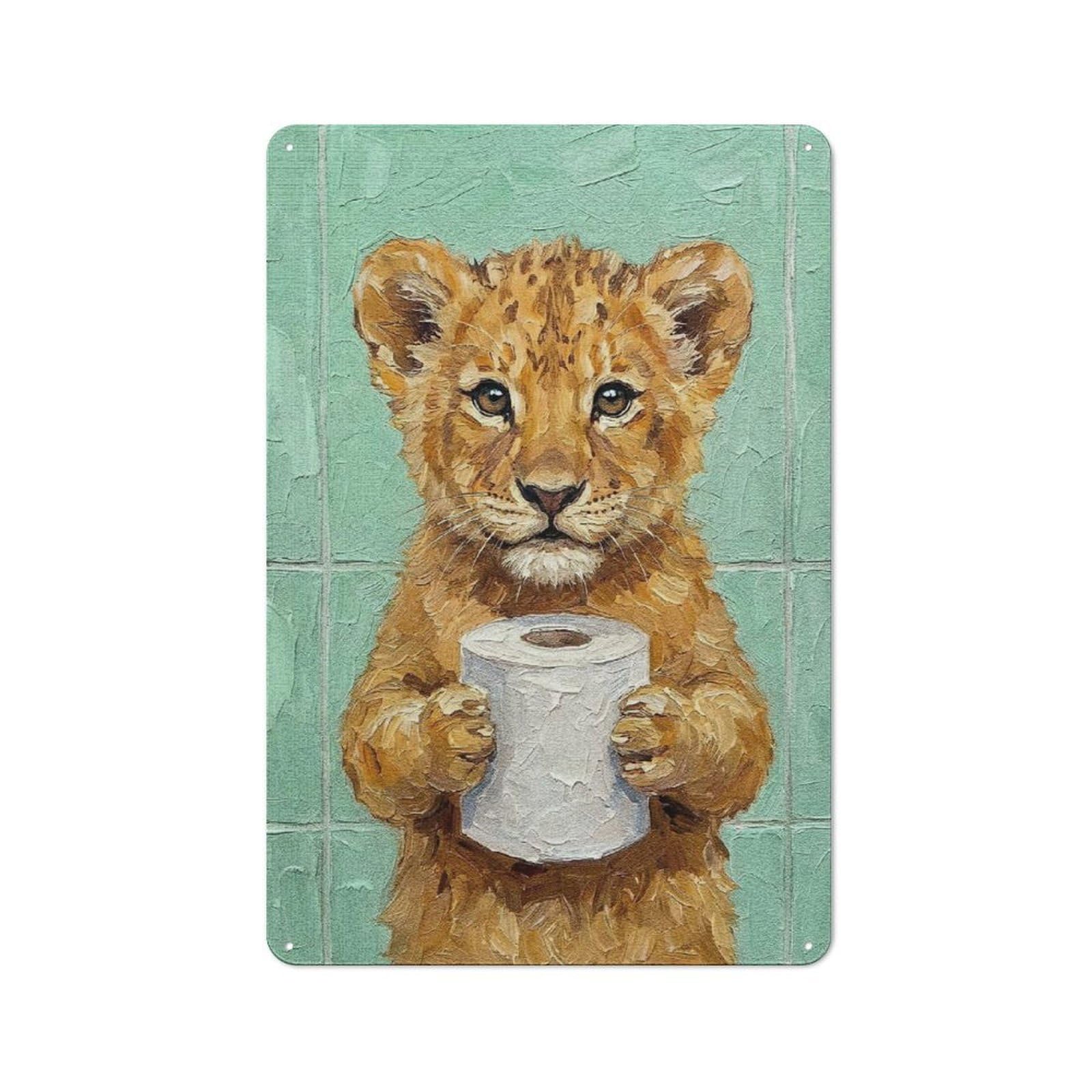 Junmoney Style-10 Lion Cub With Toilet Paper Painting Rustic Tin Sign 30X20cm For Lounge Or Reading Corner, For Metal Sign Collectors, For Cafés, Pubs And Restaurants