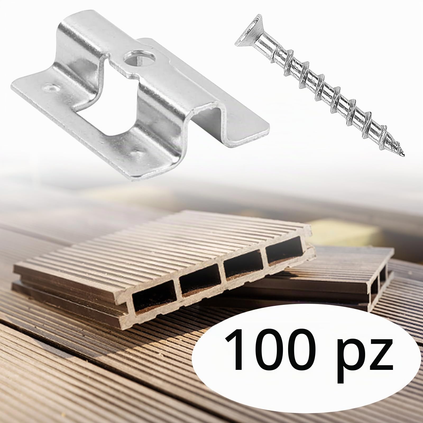 100 Clip per Terrazze in Acciaio Inox Con Viti, WPC da 6 a 9 mm, Fissaggio per Pavimenti in Legno di Bambù (8 mm)