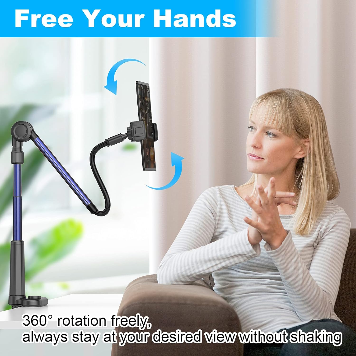 Phone & Tablet Holder for Bed ,Gooseneck Stand Desk Mount,Long Arm Overhead Clip Clamp,Flexible Lazy Bracket for headboard,Bedside,Video Recording Remote ,for iPad/iPhone/Smartphone & Tablet 4.6"-11" (Dark blue)
