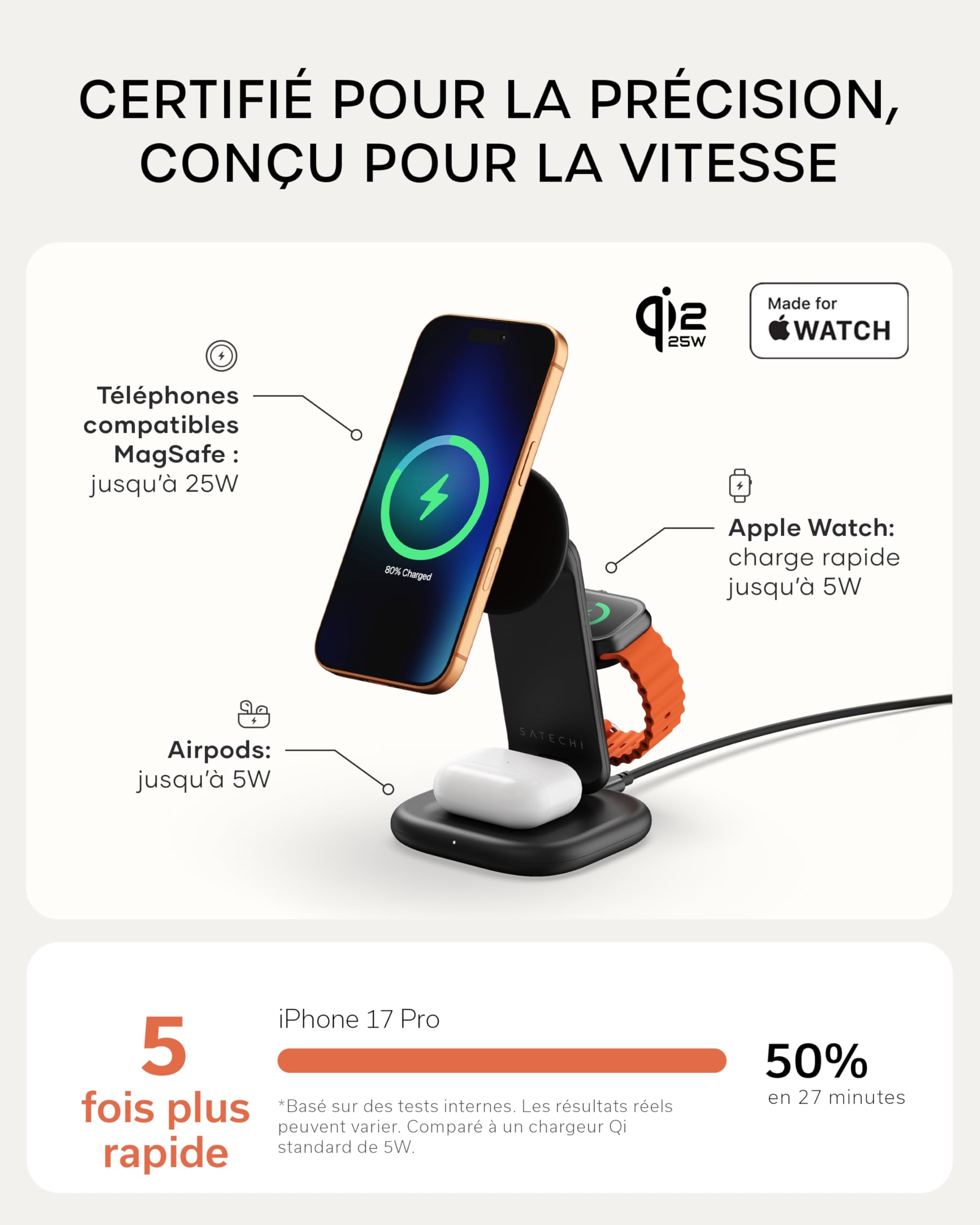 SATECHI Chargeur Magnétique Qi2 3 en 1 Pliable, 25W, Noir Sidéral | 45W adaptateur USB-C inclus, pour iPhone 17, Apple Watch Series 11 et AirPods compatibles avec la charge sans fil