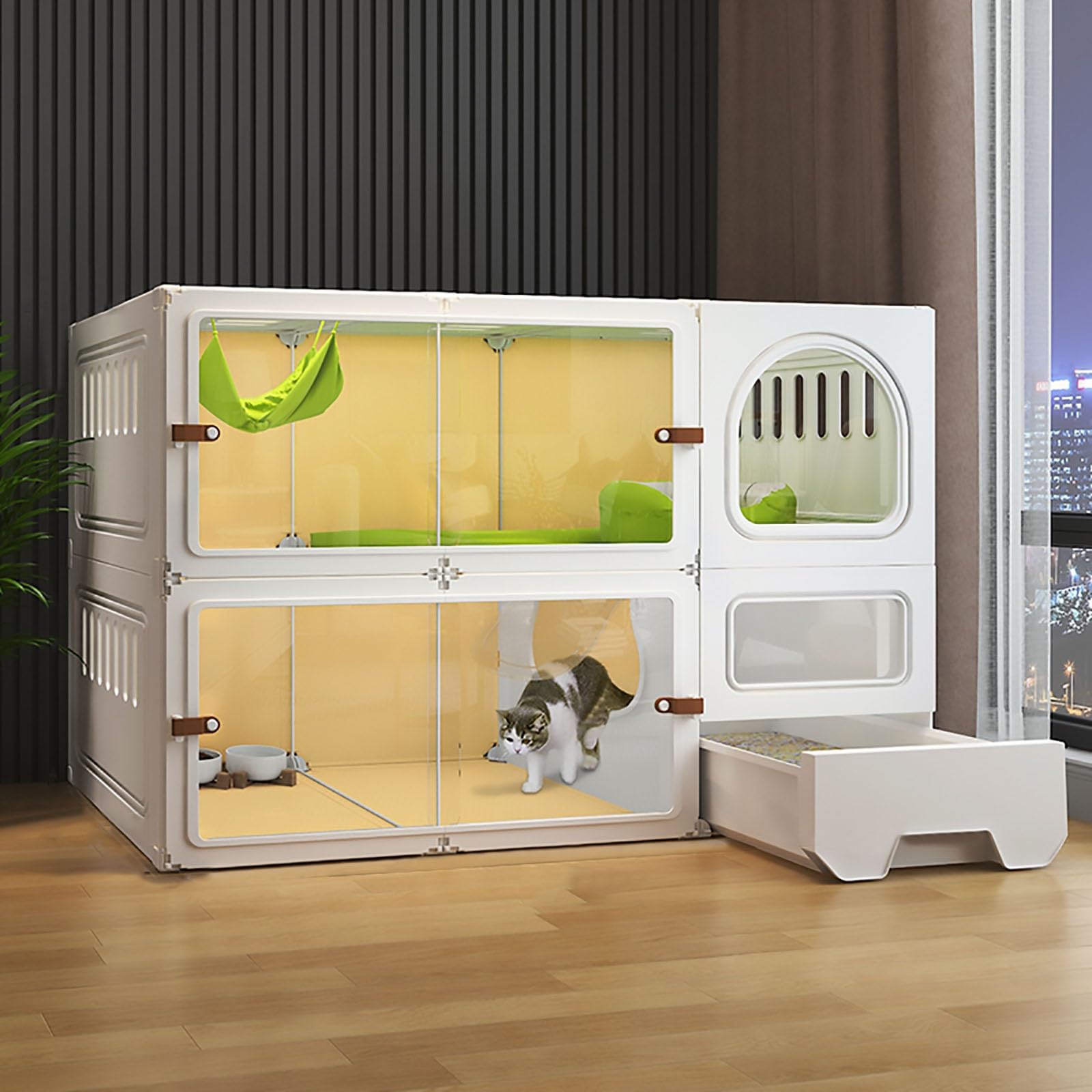 Gabbia per gatti da interno, recinzione portatile a 2/3 livelli, villa per gatti rimovibile con lettiera chiusa, design trasparente (106 x 46,5 x 71 cm) per un facile accesso e pulizia
