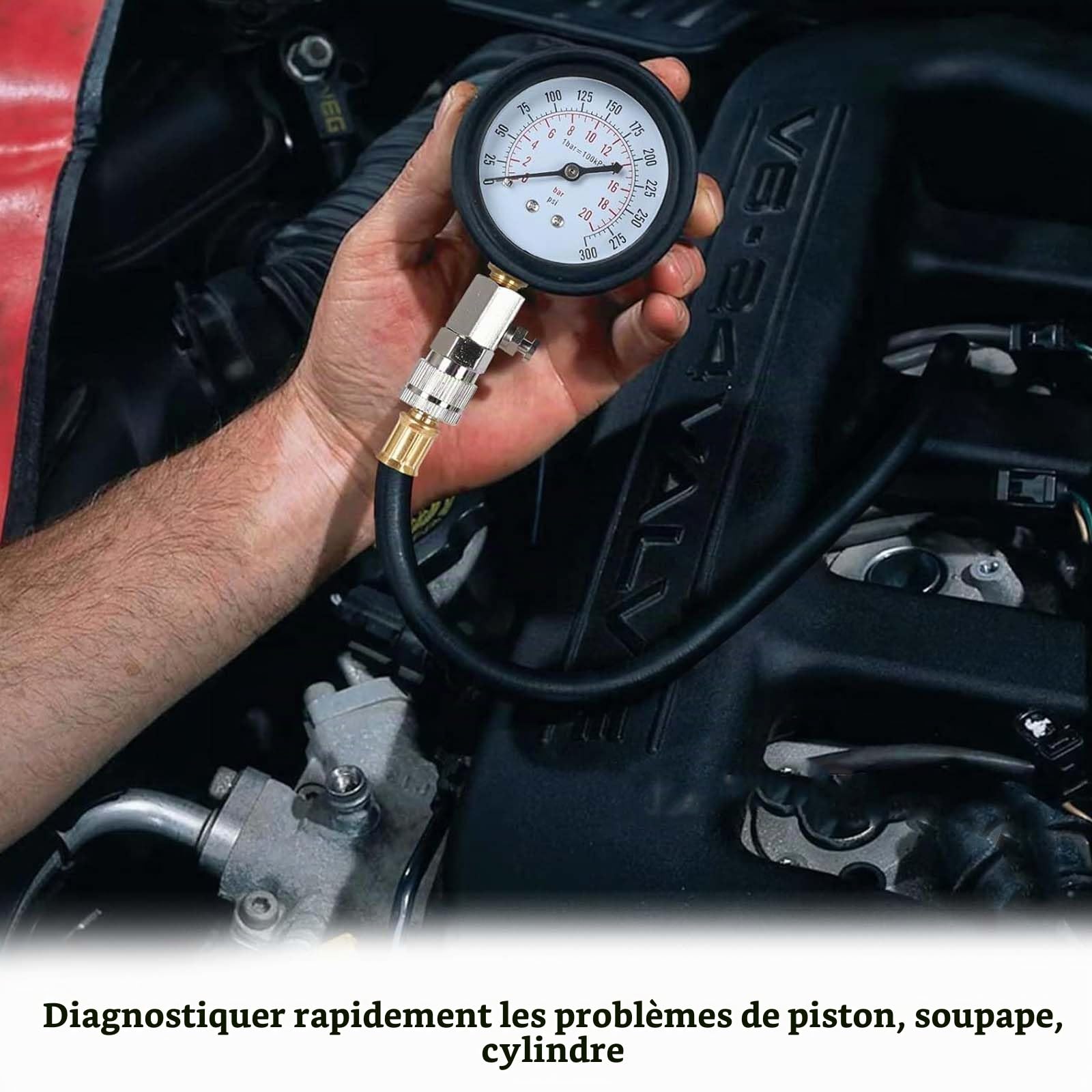 Testeur de Compression de Cylindre,Testeur de Compression Moteur,Compressiometre Essence et Diesel,0-300 PSI/0-21 kg/cm2 Compressiometre Moto,Pour Voiture et Moto M10 M12 M14 M18