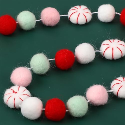 Miniatura 3 de Buryeah Guirnalda de bolas de fieltro de Navidad, guirnalda de pompones de 11.8 pies de largo, 32 bolas, 8 guirnaldas de caramelo de menta,