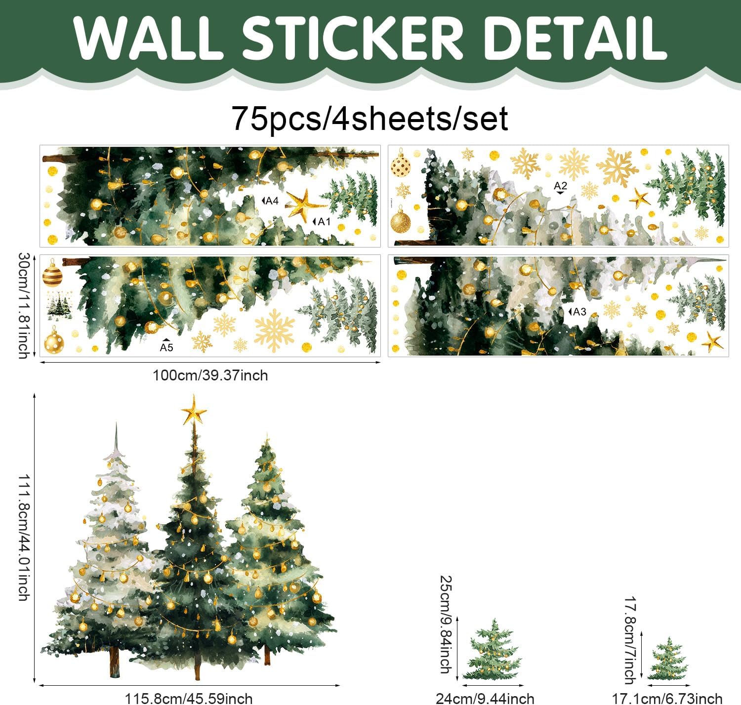 Large Christmas Tree Wall Decals, Watercolor Pine Tree Wall Stickers, Xmas Trees Lights Gaint Wall Decor for Holiday Party Bedroom Living Room Offices Home Decoration
