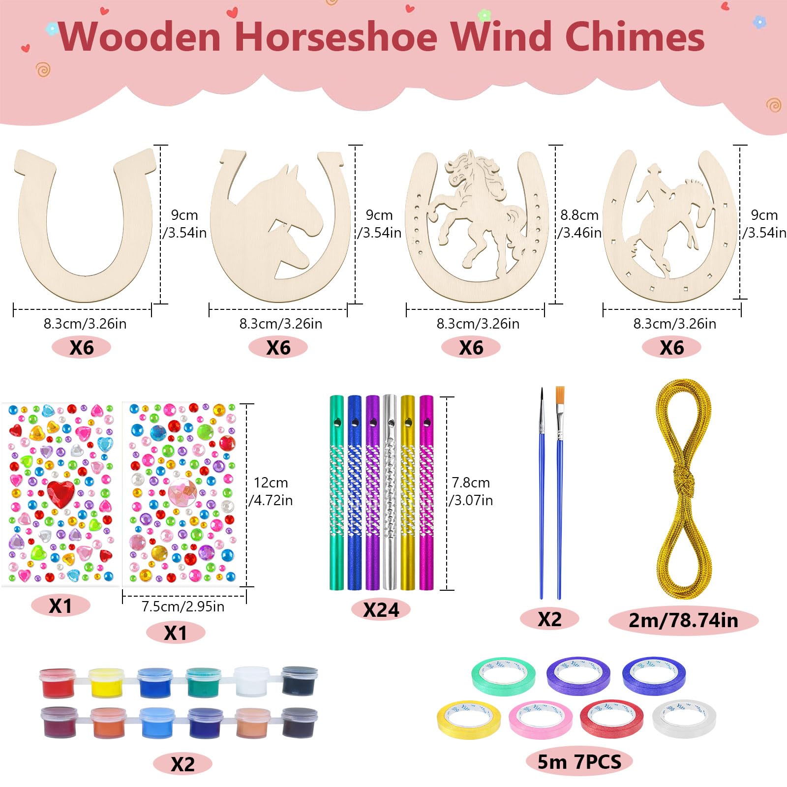 REJOECE 24 Pcs Wooden Horseshoe Wind Chimes, Wooden Horseshoe Kits,Horseshoe Decorative Wind Chime Craft Set - Image 2