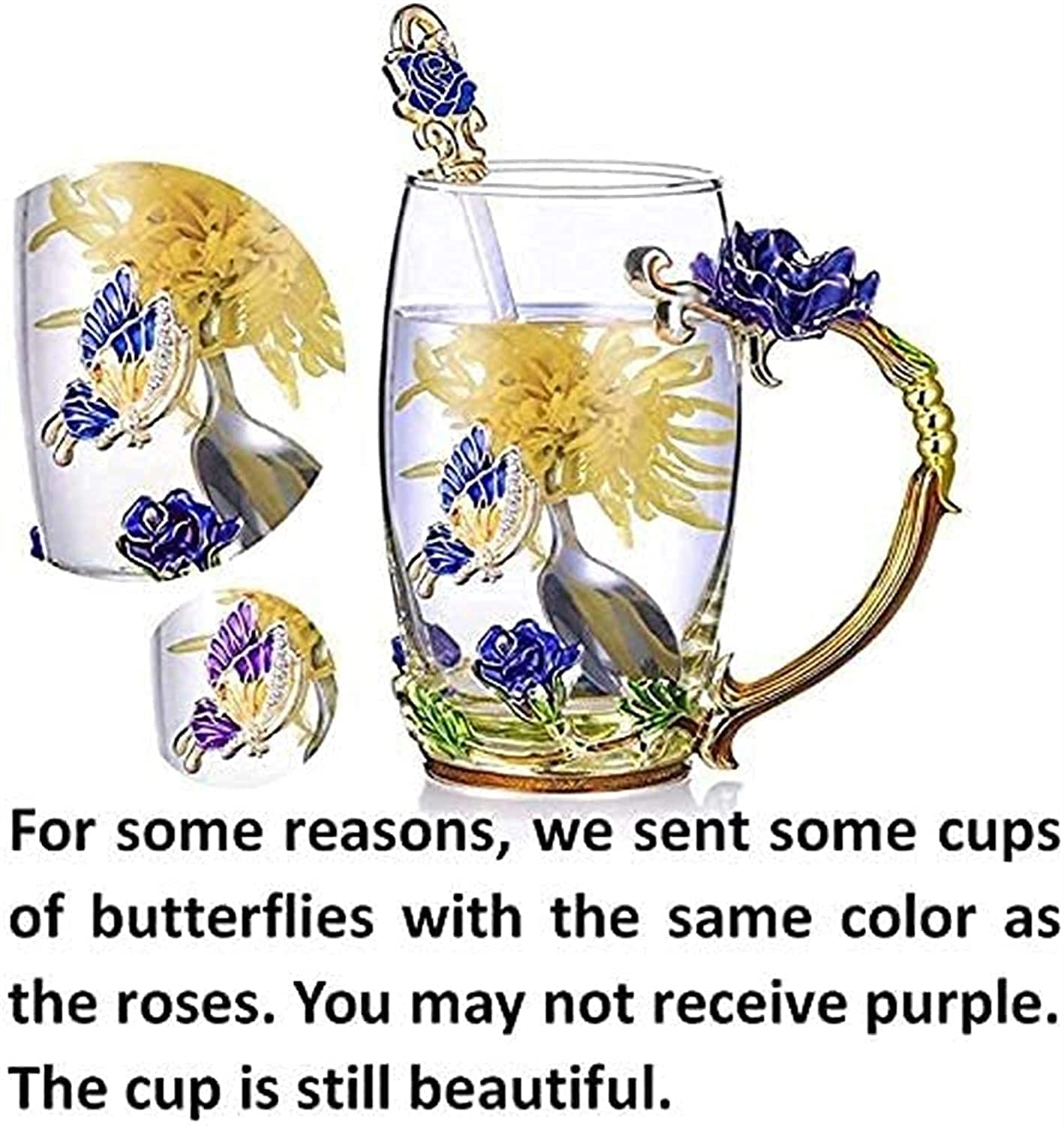 Teetassen, Emaillierte Blumen-Teeglastasse, Kaffeetasse, Glastasse, Damentasse, Blumen-Teetasse, tragbare Wassertasse for Damen, Emaille-Sonnenblumen-Glas-Teetasse, Kristallglas-Löffel-Set