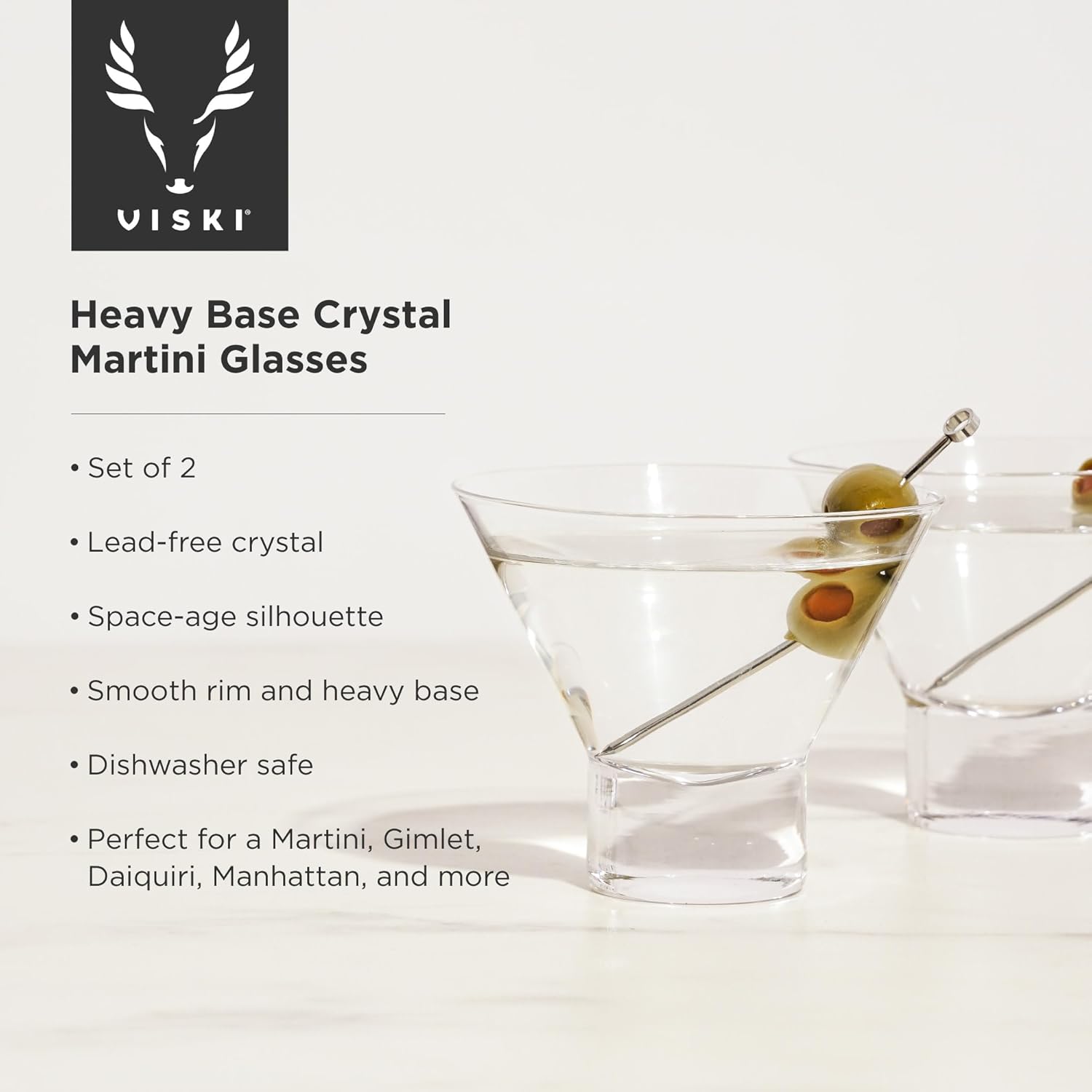 Viski Heavy Base Stemless Martini Glasses Set of 2, Crystal Cocktail Glasses for Vodka or Espresso Martini, Home Bar Glassware, Birthday Gifts for Women, Retirement Gifts for Men, 7.5 oz