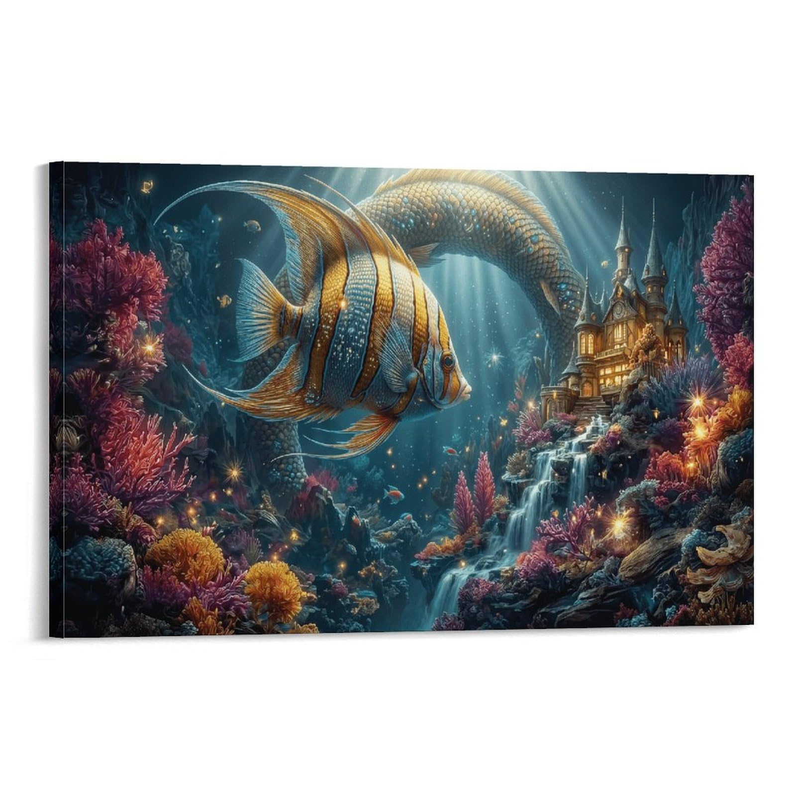 XPASHIQWC Striped Angelfish Poster Artwork Underwater Castle Canvas Prints Picture Modern Wall Art Picture Wall Hanging for Office Gym Living Room Decor 24x36inch(60x90cm)