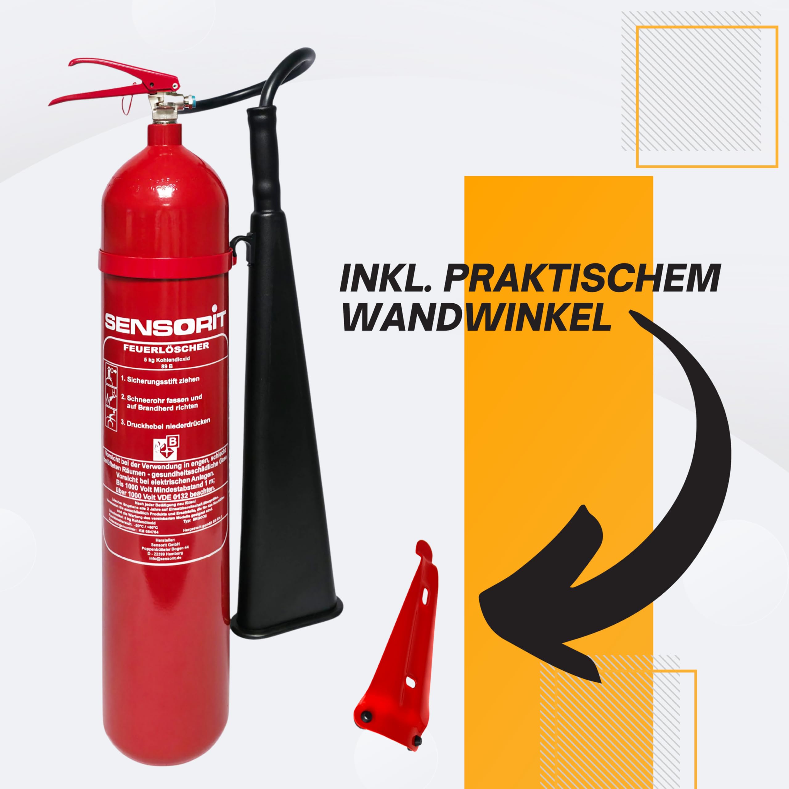 CO2 Feuerlöscher, 5kg Kohlendioxid, Löscher für elektrische Anlagen & EDV nach DIN EN 3 inkl. Instandhaltungsschild und Wandhalter
