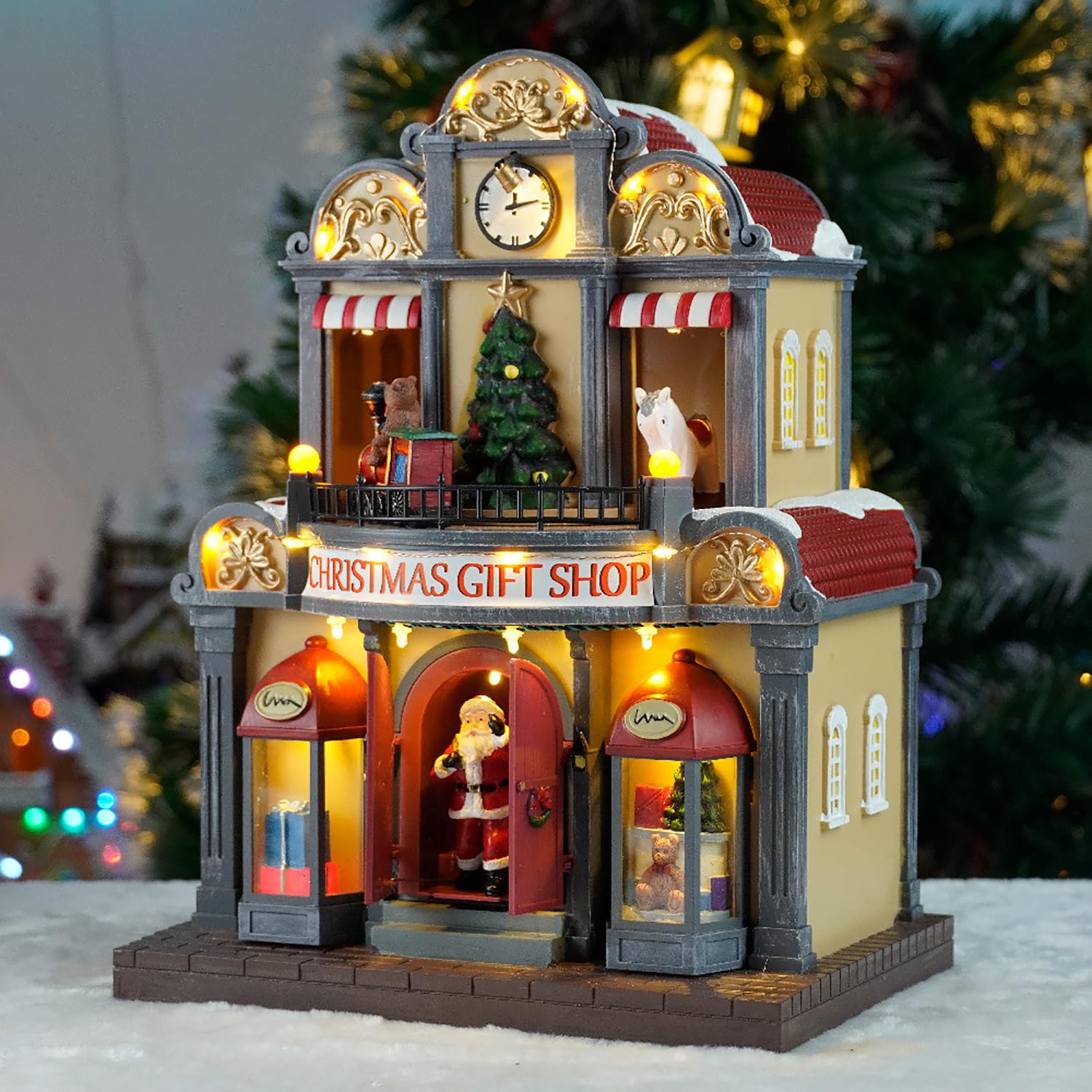 Ornamento Luminoso a Forma Di Casetta Sulla Neve, Modellino Fai Da Te In Resina Di Una Casetta Natalizia, Con Luci LED Colorate E Calde, 8 Canzoni Con Riproduzione Circolare, Meccanismo Di Apertura