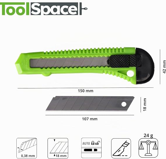 ToolSpace Set of 5 Cutter Knives 18 mm 5 x Carpet Knives Sharp Blade Robust Professional Cutter Stanley Knife Cattering Knife Wallpapering Knife Better Than Disposable Stanley Knife with Snap Off Blade