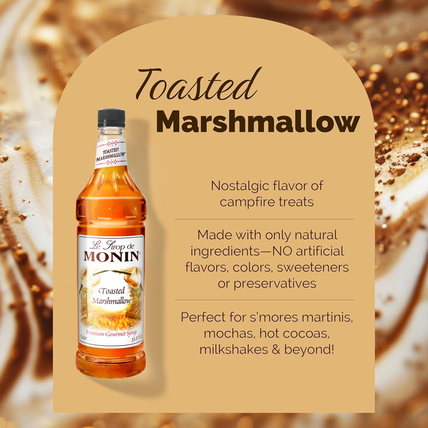 Monin - Toasted Marshmallow Syrup, Marshmallow & Caramel Flavor, Great for Cocoas, Lattes, & Shakes, Non-GMO, Gluten-Free (1 Liter)