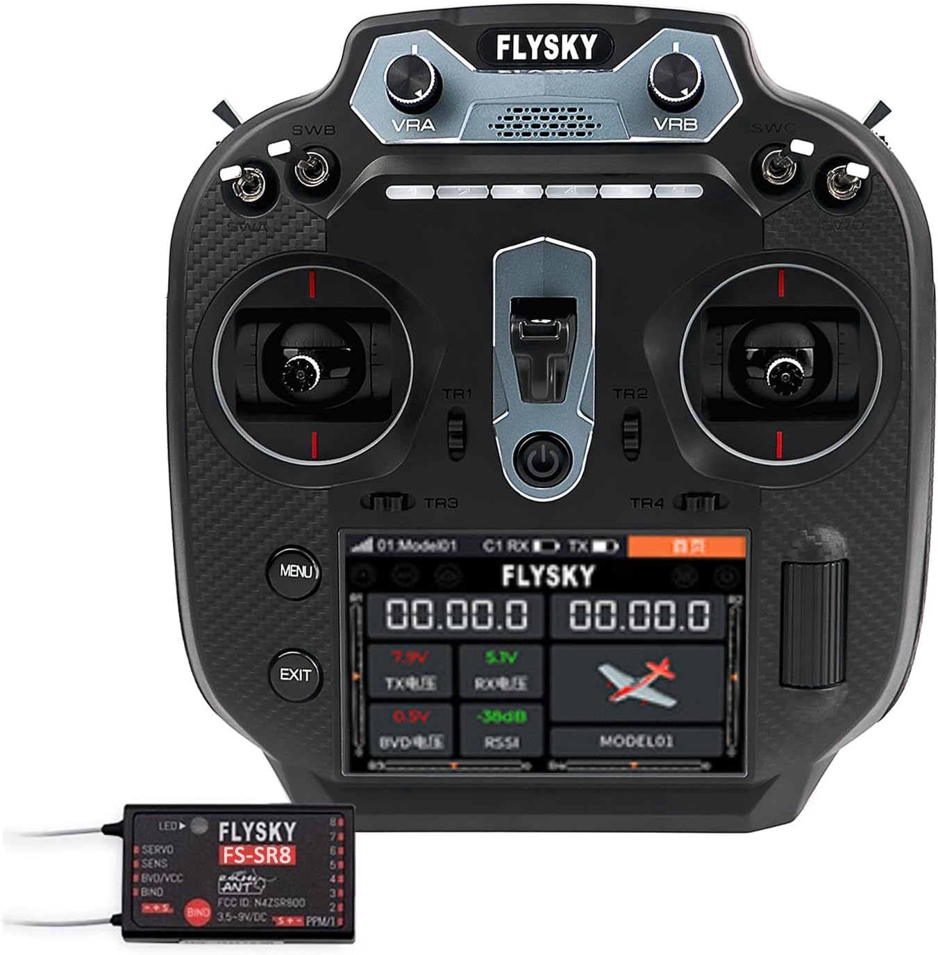 Flysky FS-ST16 16CH 2.4GHz RC Transmitter and FS-SR8 Receiver, 3.5 Inch IPS Screen Transmitter with Receiver Set for Remote Control Plane Car Boat (Black)