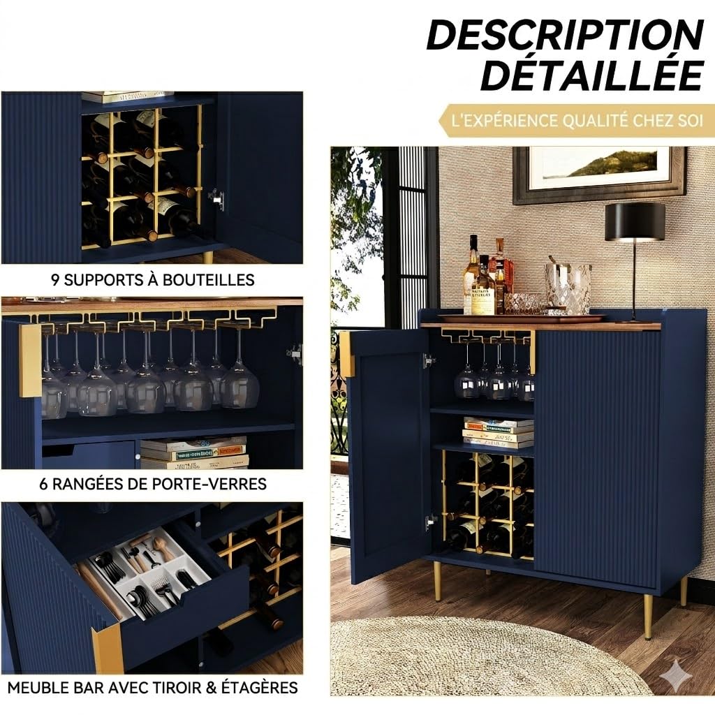 HOLTICO Meuble Bar Salon avec Supports pour Verres autoportant, Mini Bar Rangement Vin pour Cuisine et Salle à Manger, 80x38x94,2cm, Bleu