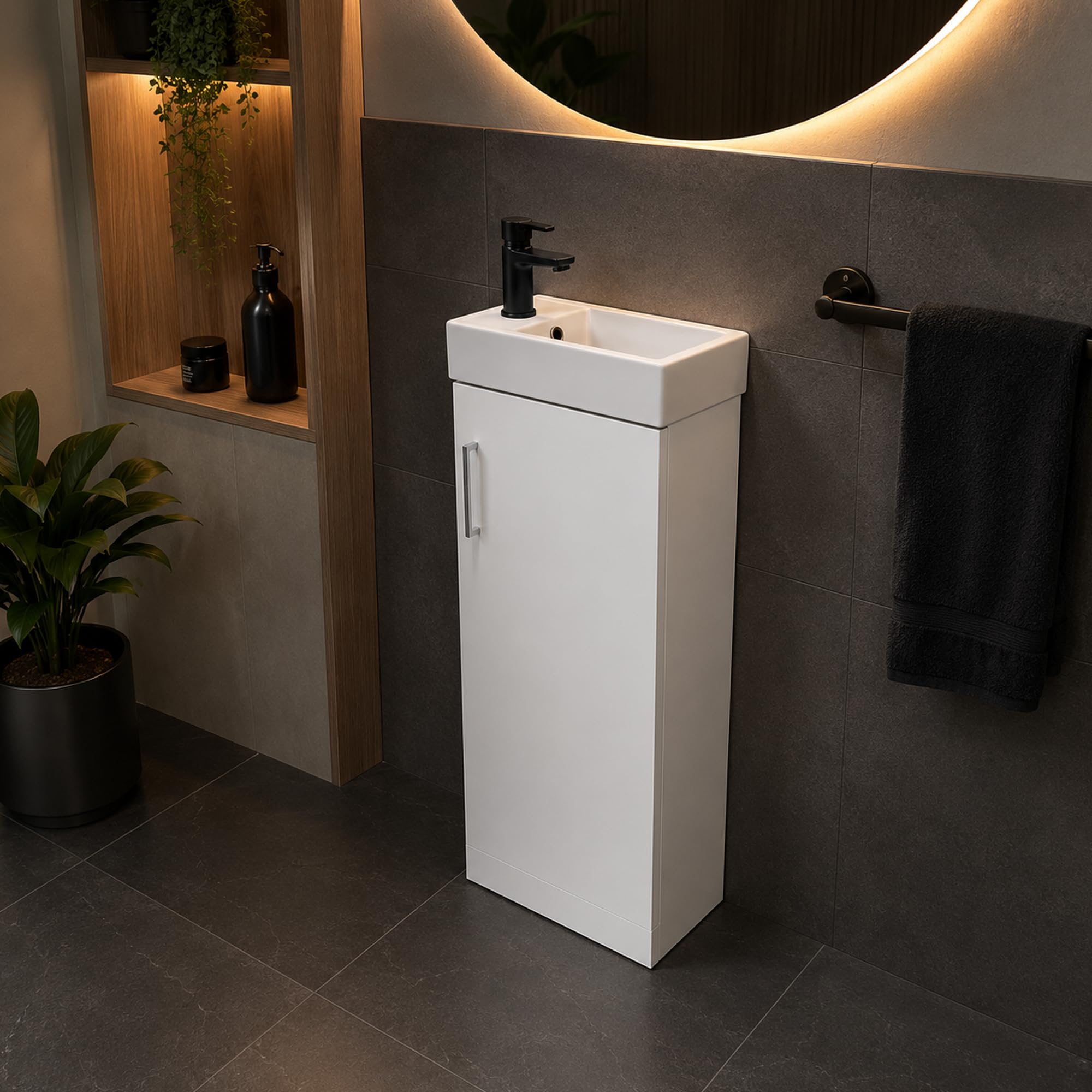 Built Right Bathroom Vanity Unit with Ceramic Basin, White Gloss Floor Standing PVC Bathroom Cabinet, Fully Assembled Soft Close Storage Unit No Tap and waste