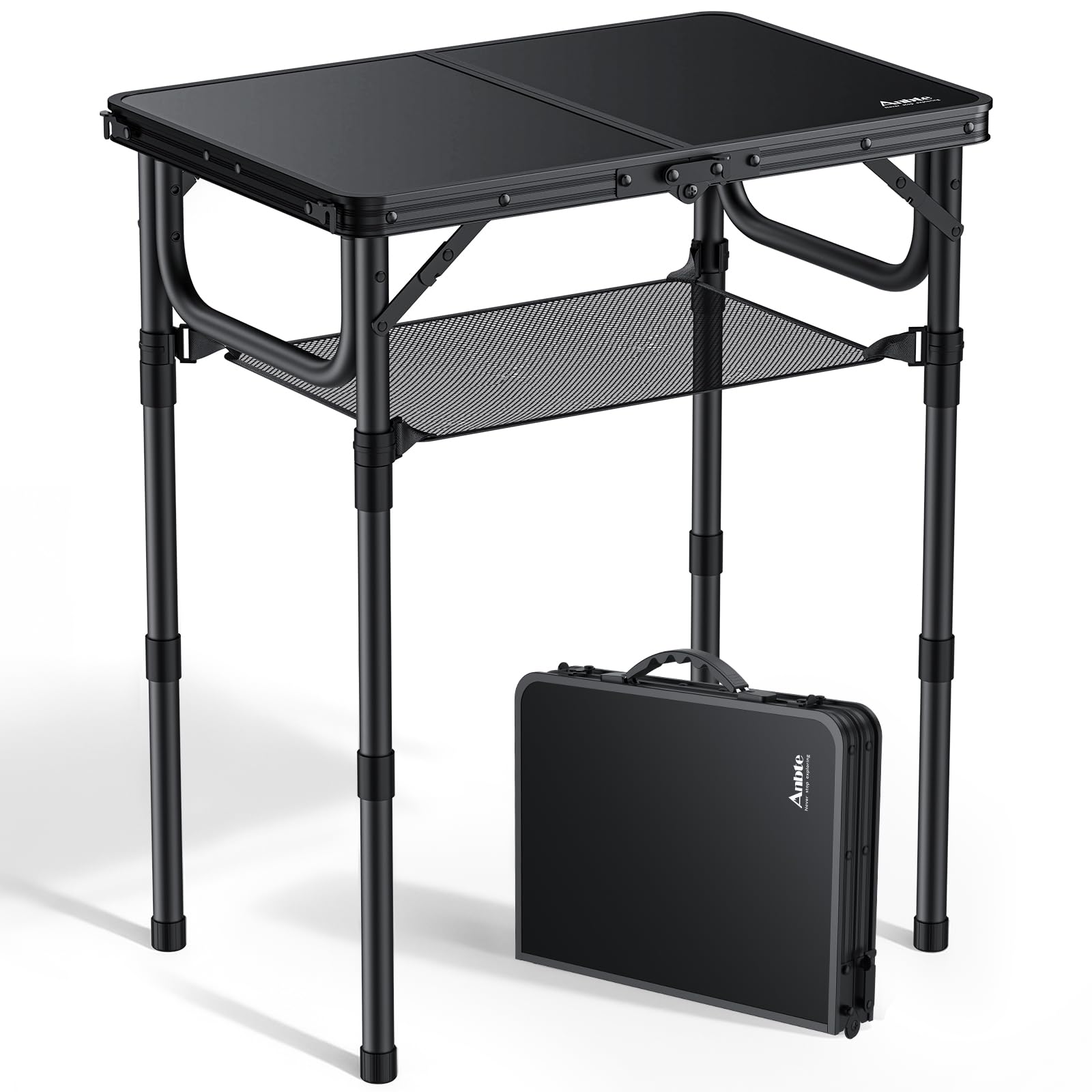 Anbte Tavolo Pieghevole da Campeggio 59x40x67cm Tavolino da Caffè 3 Regolabili in Altezza Con Rete di Immagazzinaggio,Tavolino Portatile da Picnic/Barbecue/Giardino/Fiera-Nero