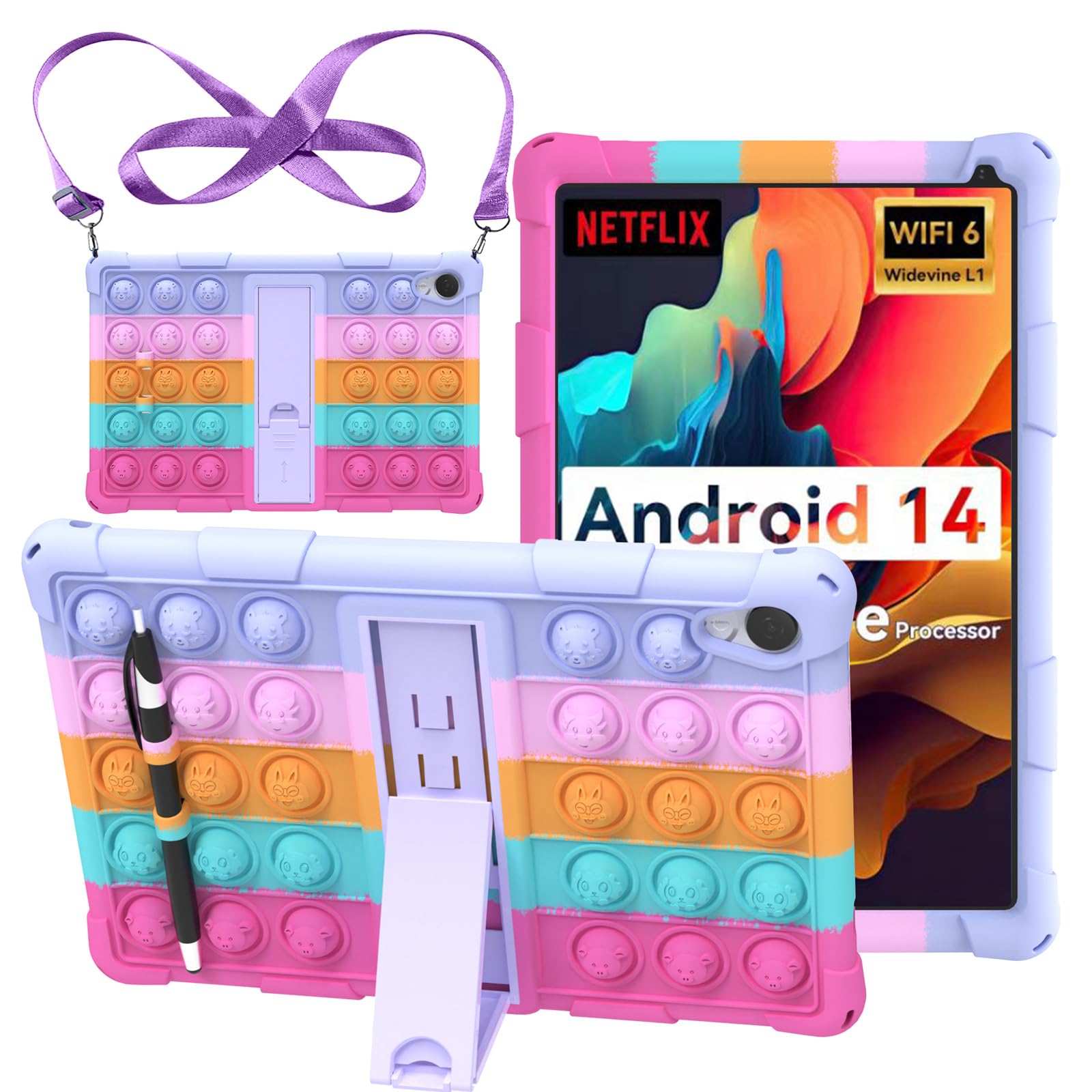 HminSen Case for Urao C107 Tablet, Kids Friendly Soft Silicone Adjustable Stand Cover for Urao C107 10.1 inch with Shoulder Strap (R-Purple)