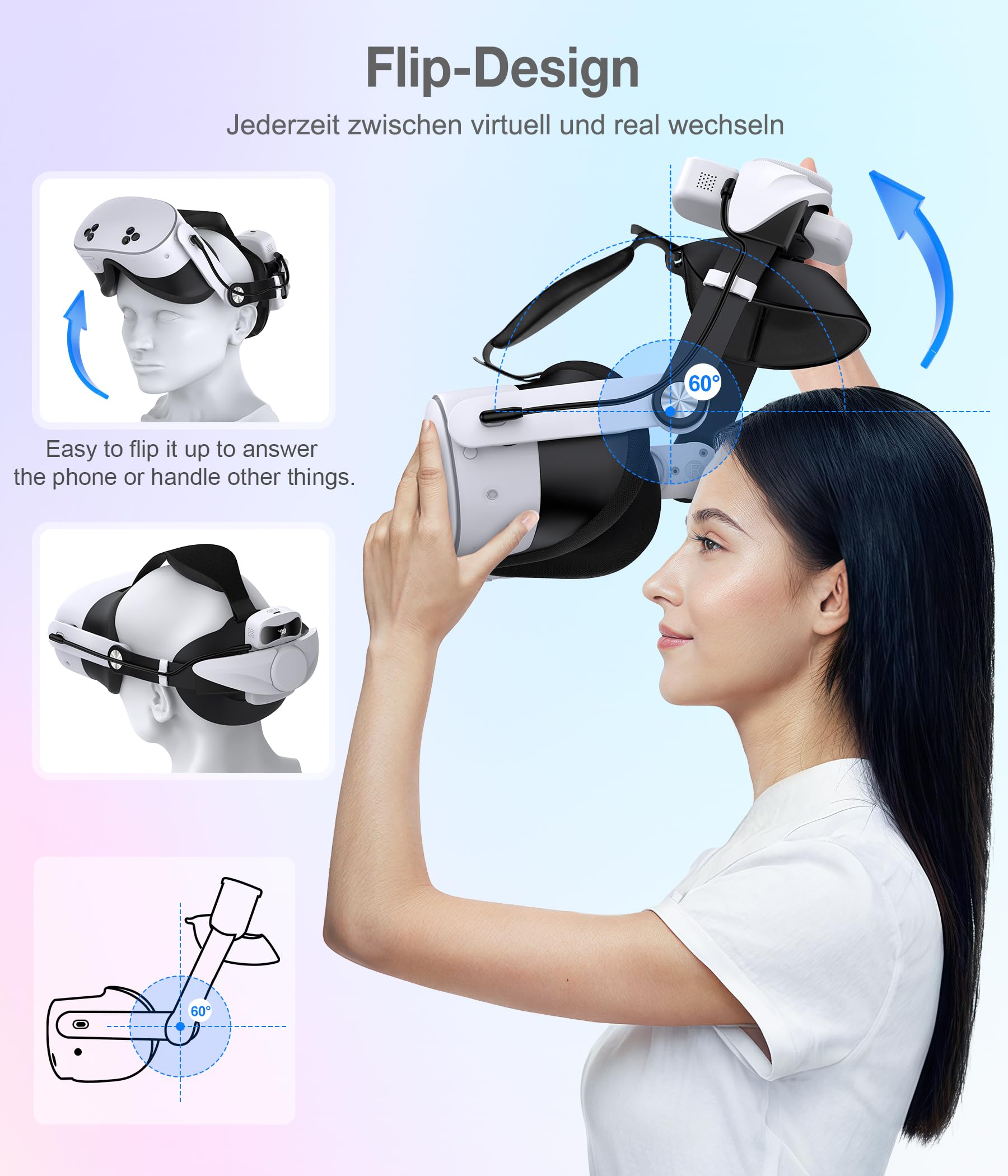 Elegamefy Sangle de tête pour Meta Quest 3/Quest 3S/Quest 2 avec batterie – Affichage numérique et temps prolongé de 3 à 4 heures, double molette de réglage, confort, équilibré