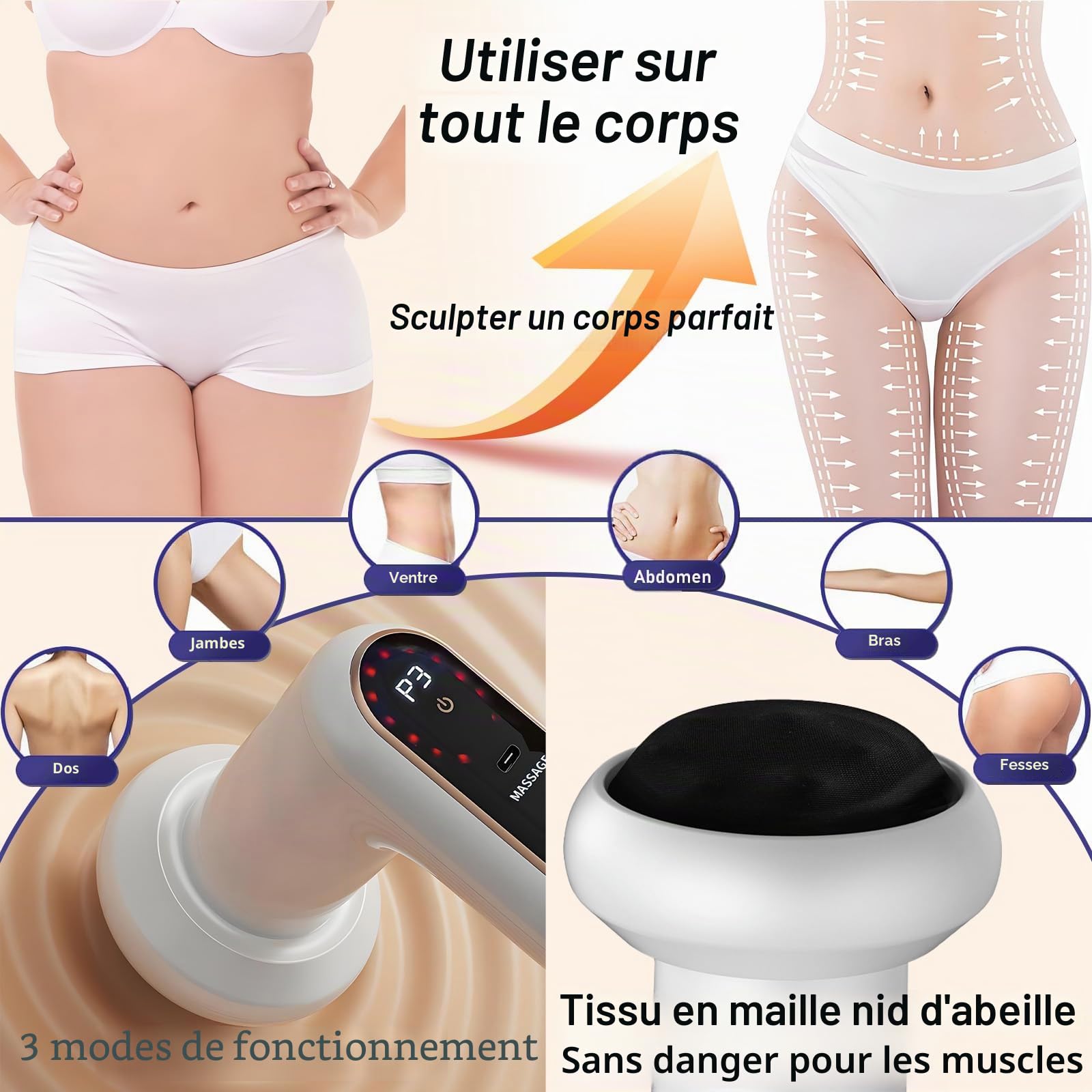 Appareil de Masseur Anti Cellulite avec 6 Niveaux Réglables et 3 Modes de Travail, Drainage Lymphatique Électrique avec 5 Têtes de Massage et 1 Coussin de Tête