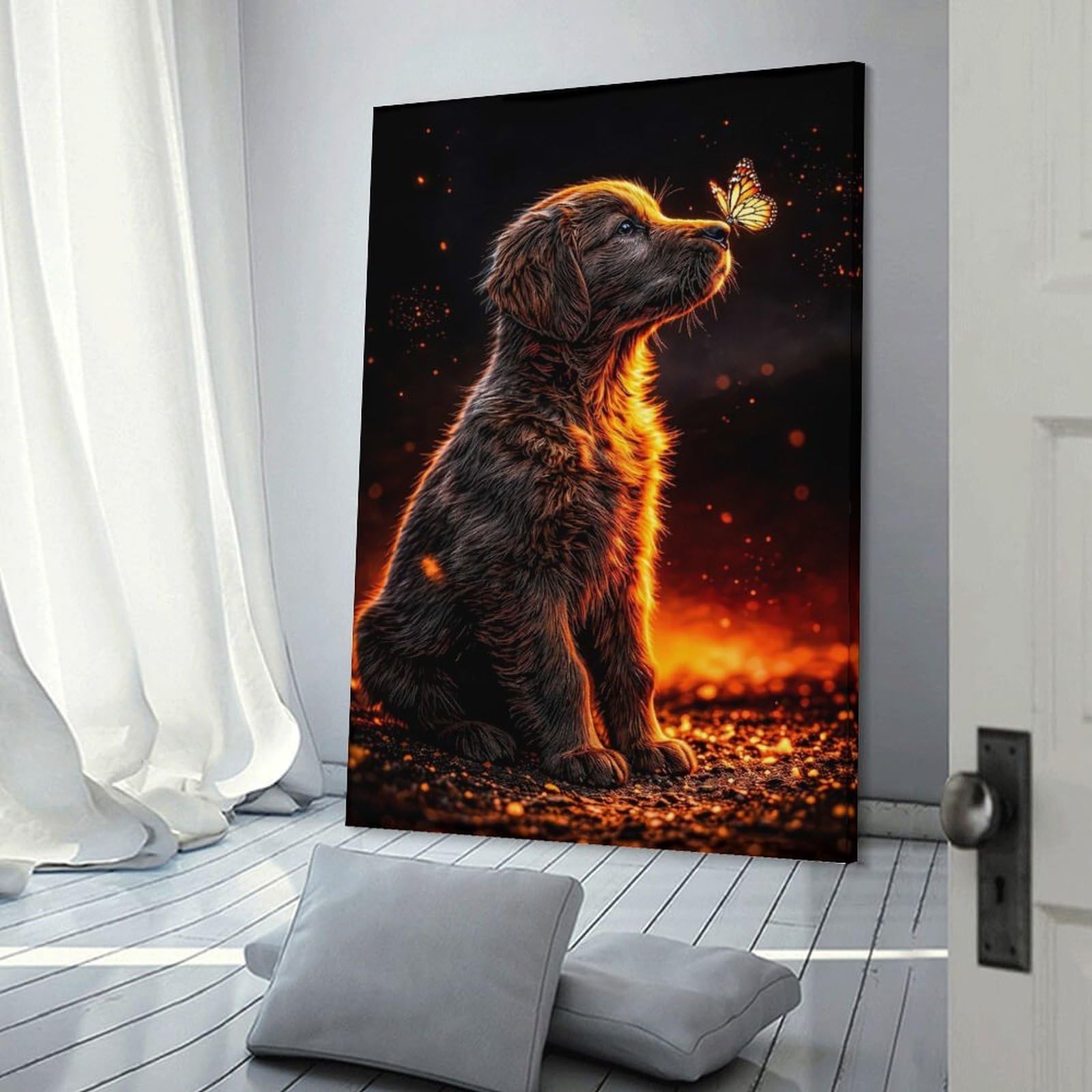 Junmoney Puppy And Butterfly in Fiery Glow Hanging Wall Art, 12x18inch(30x45cm), for Living Room, Bedroom, Office Or Hallway, Decorative Artwork with Broad Appeal