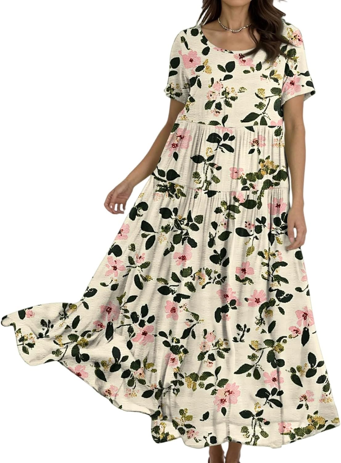 Summer Dresses for Women Boho Floral Beach Vacation Maxi Dress Trendy Loose Pleated Flowy Swing A Line Sundresses