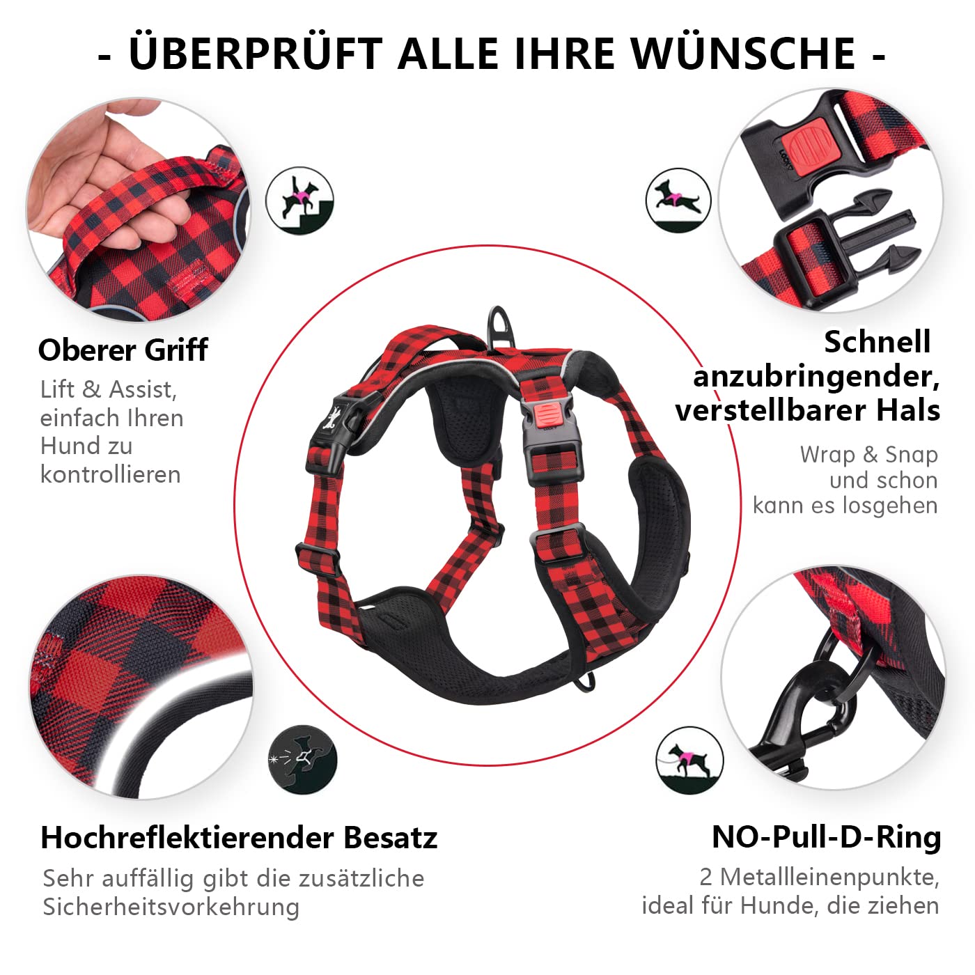 PoyPet Imbracatura per cani senza pull anteriore riflettente gilet per cani con facile controllo manico e retro perfetto per l'allenamento quotidiano, camminata, corsa (rosso a quadri, L)