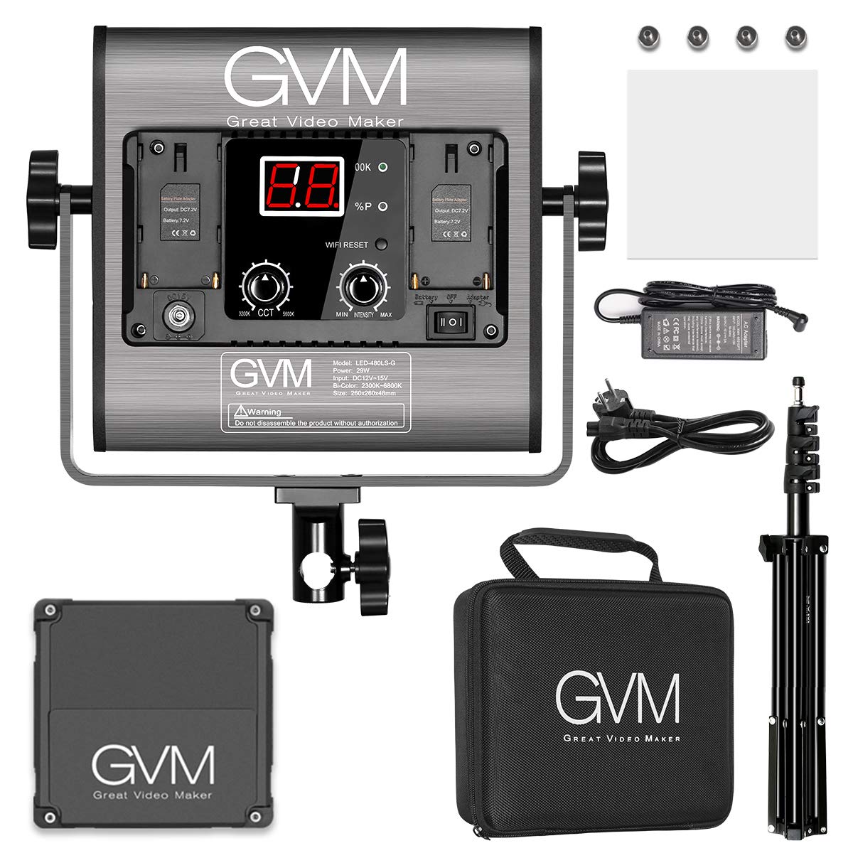 GVM 480 - Lampada video a LED con treppiede, 2300 K-6800 K, 480 LED, illuminazione per video con controllo via app, luce da studio, luce fissa per YouTube Studio, luce fotografica