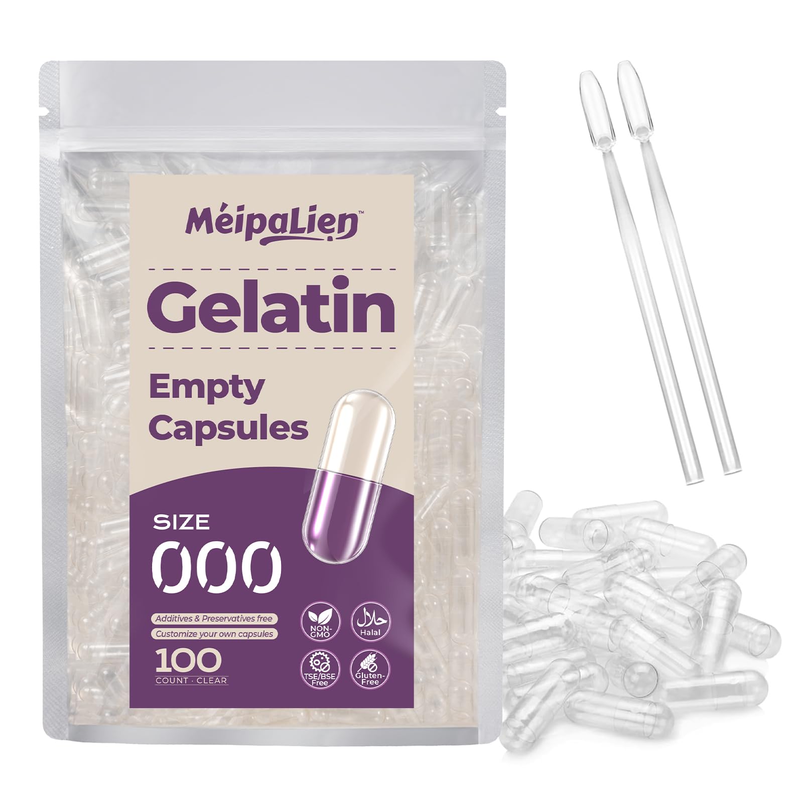 MéipaLien Cápsulas vazias de gelatina bovina tamanho 000, 100 cápsulas