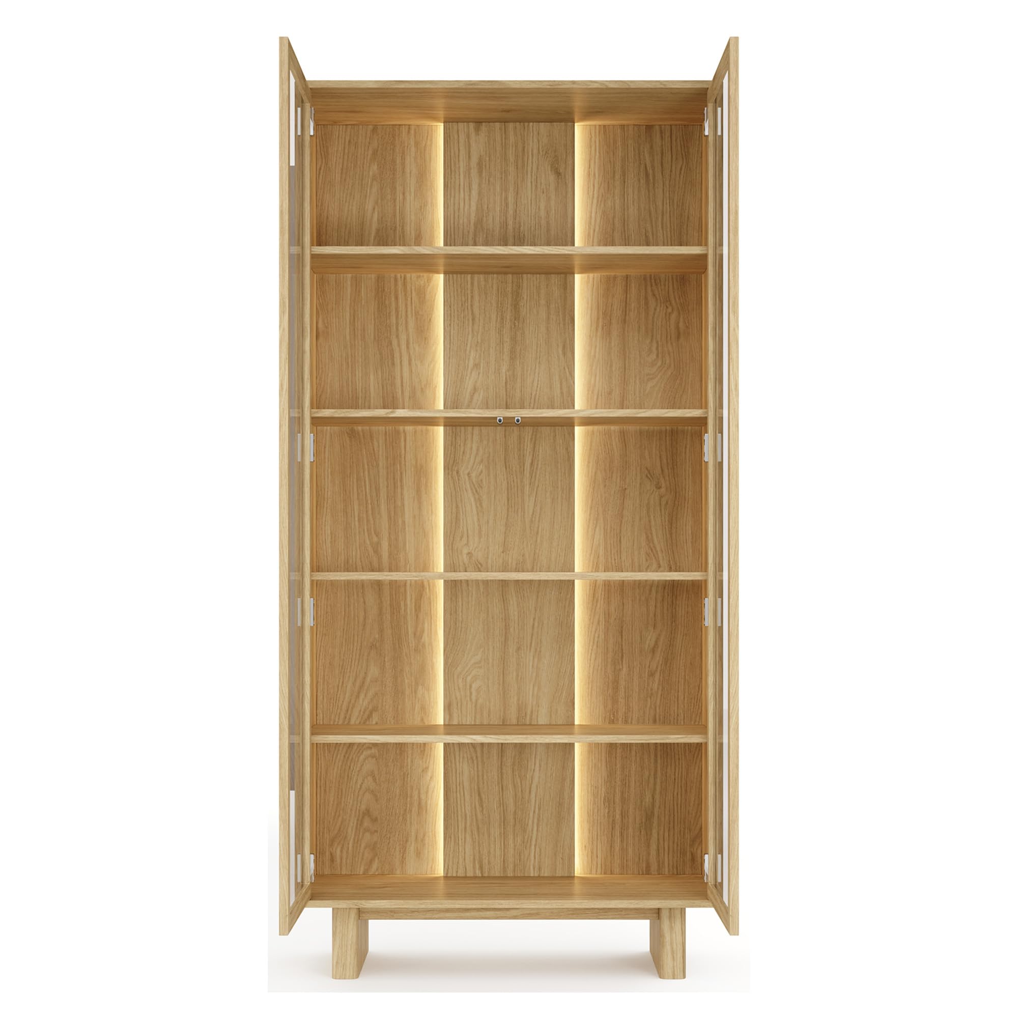 Dmora Vitrina Bayburt 94 x 38 x 195 cm de altura, marrón roble, 4 estantes y 2 puertas, mueble expositor con LED