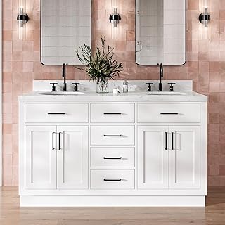 DKB Isabella 60-Inch White Double Bathroom Vanity, 1.5-Inch Carrara Whit...