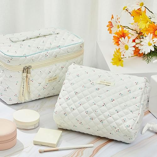 Miniatura 6 de 2 bolsas de maquillaje acolchadas de algodón, bolsa grande de viaje para cosméticos, estética, linda peonía floral, organizador de artículos de