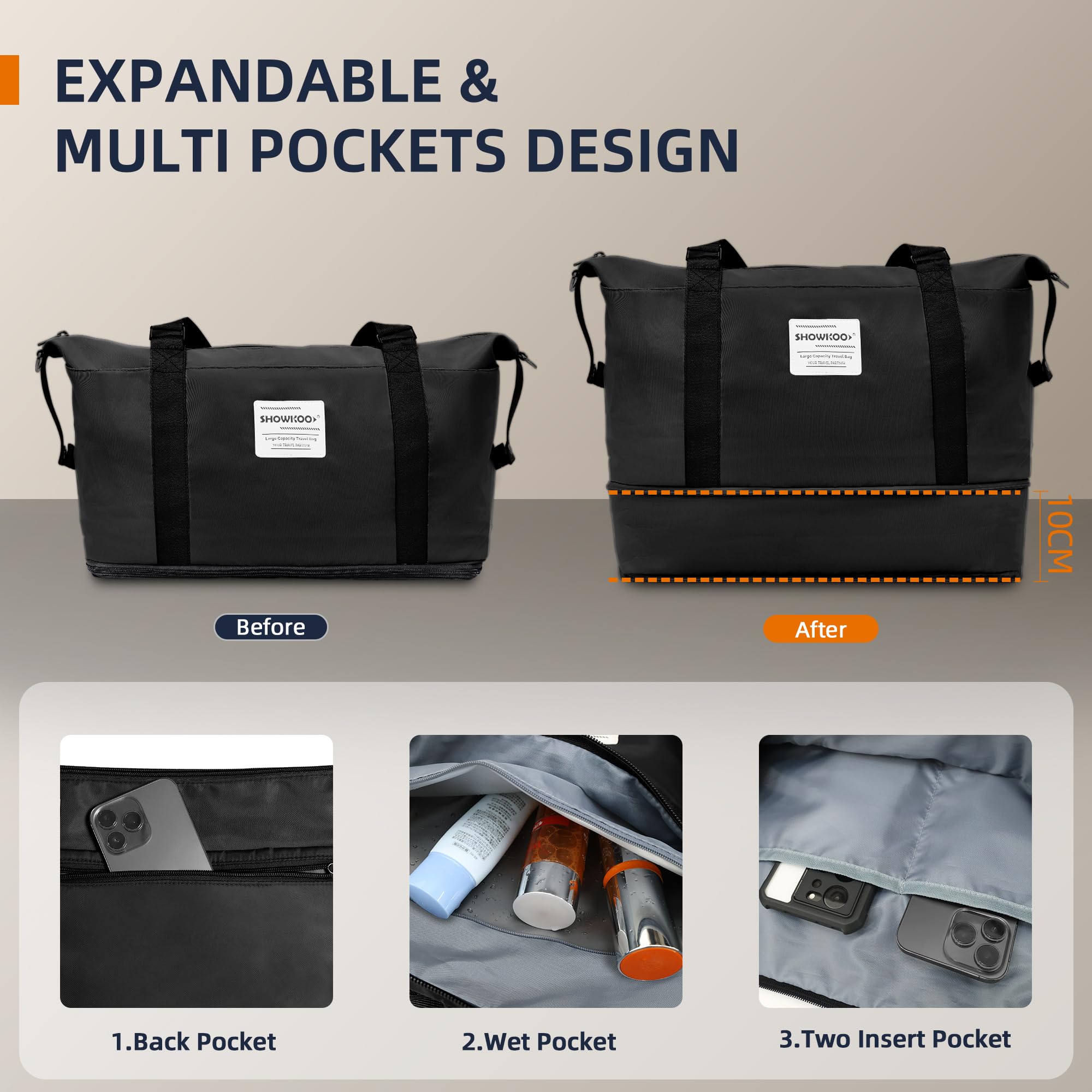 SHOWKOO Valigia Media Rigida 67cm Trolley Bagaglio a Mano Ultra Leggero ABS+PC Espandibile Durevole Set Valige Trolley da Viaggio Chiusura TSA con Borsa da Toilette e Borsa da Viaggio, Nero