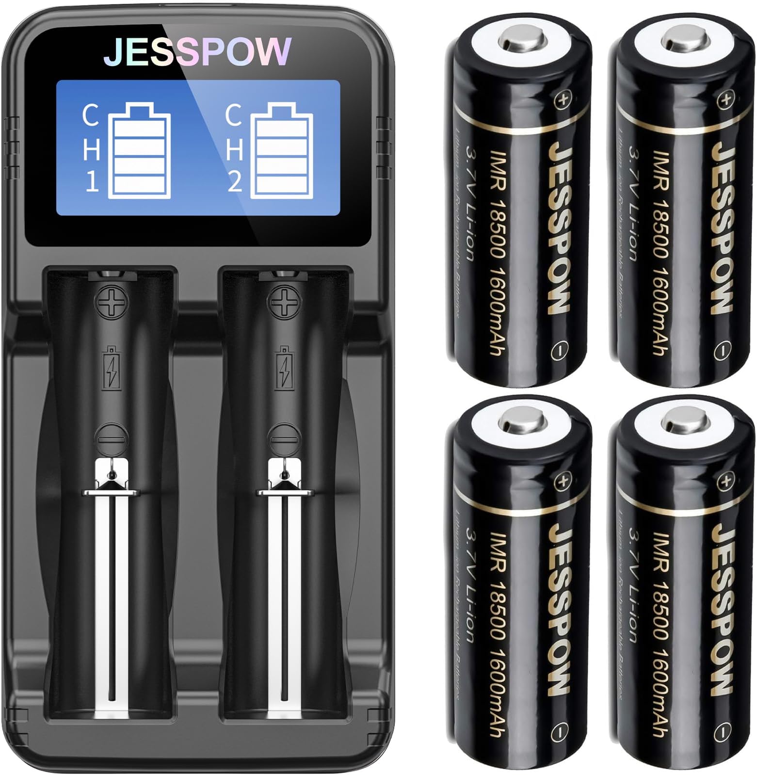 18500 Rechargeable Battery with Charger, JESSPOW IMR 18500 Rechargeable Li-ion Batteries 1600mAh 3.7V with Button Top for Flashlight, Solar Garden Light (4 Pack)