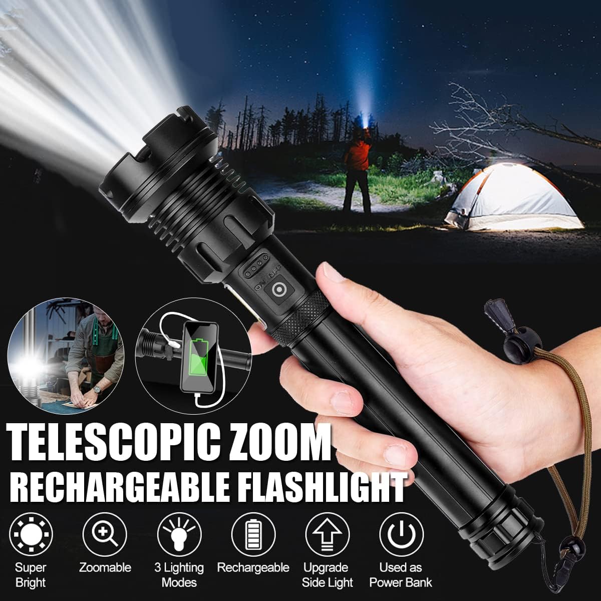 Rechargeable Led Flashlight High Lumens, 100000 High Lumens Tactical Flashlights, P90 LED Super Bright Flashlight, Zoomable, 5 Modes, Waterproof Flashlight for Emergencies