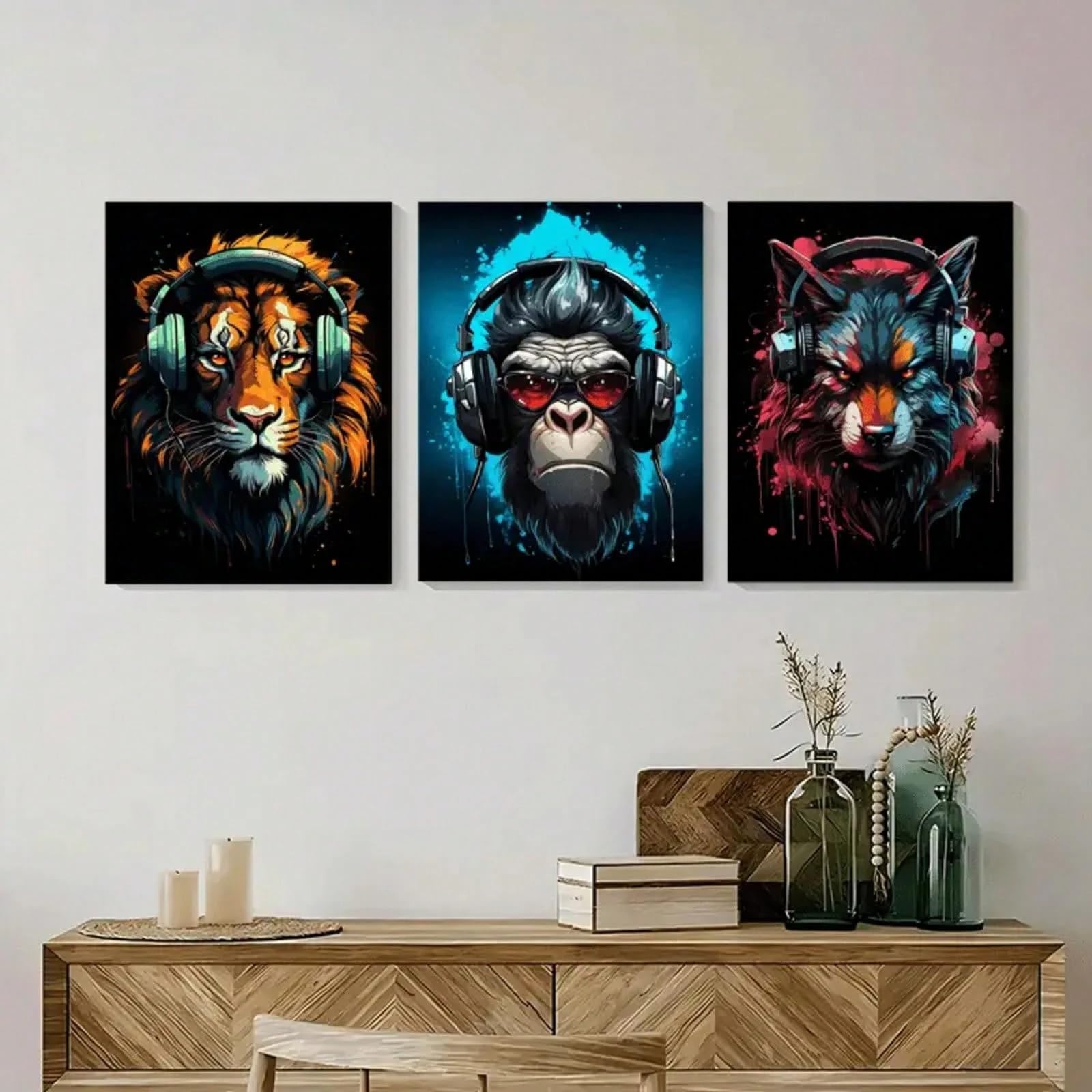 Zbello A 3Pcs/Set Canvas Posters, Cool Lion, Wolf, Nd Gorill Designs, Paired With Headphone Nd Video Game Posters, Suitable For Living Room, Bedroom, Nd Home Wall Decoration (40X50cm,)