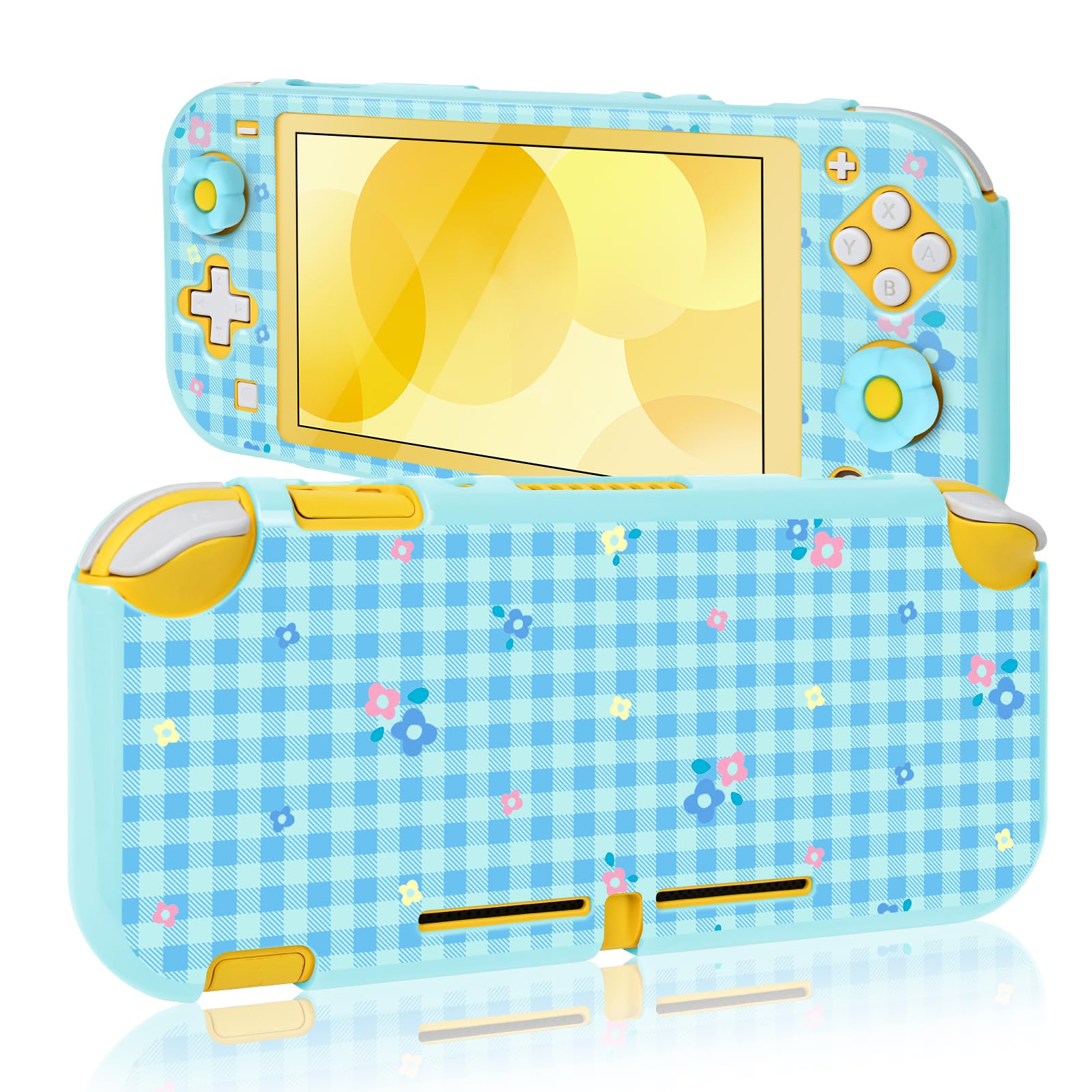 DLseego Protective Case for Switch Lite,Flower Printing Hard PC Full Protection Shell Cover Anti Scratch Skin with 2PCS Thumb Grip Caps,Blue