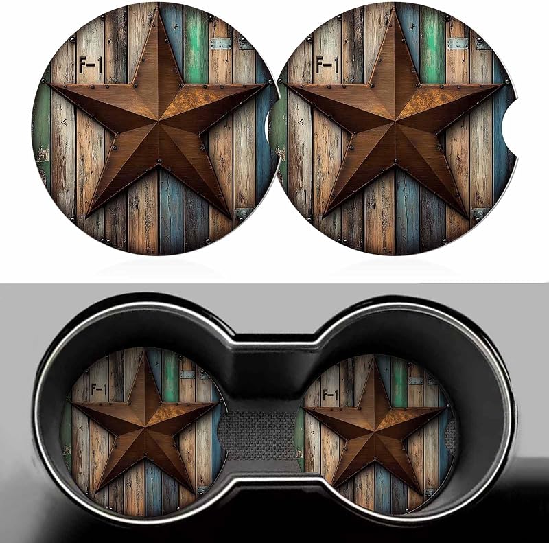 Porta-Copos Automotivo de Cerâmica Absorvente Rustic Barn Star com Base de Cortiça Jnomin, 2 Unidades