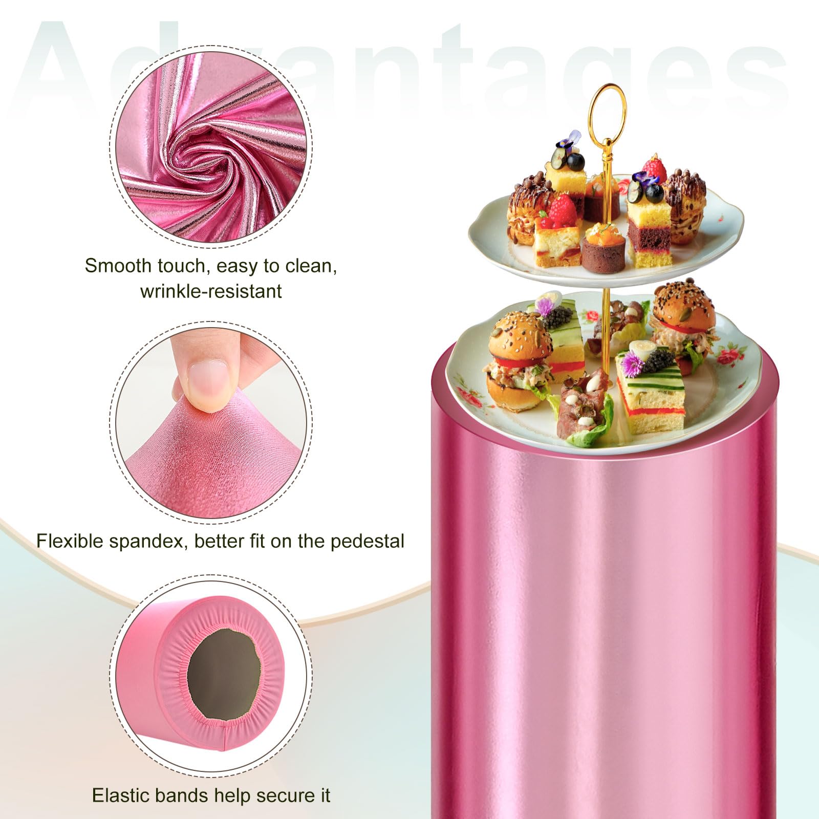 QUARKZMAN Juego De 3 Fundas De Cilindro De Spandex Rosa, Funda De Base De Pedestal Para Decoración De Fiesta Boda Cumpleaños, Solo Contiene Fundas De Cilindro (Tela De Foil - Grande)
